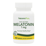 Bouteille NaturesPlus Mélatonine 1 mg sur table, soutien potentiel au repos.