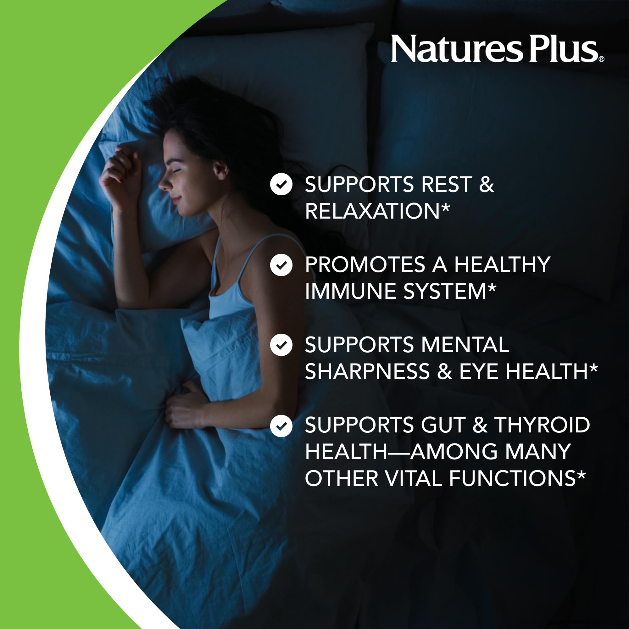Emballage NaturesPlus Mélatonine 1 mg, vegan et sans allergènes.