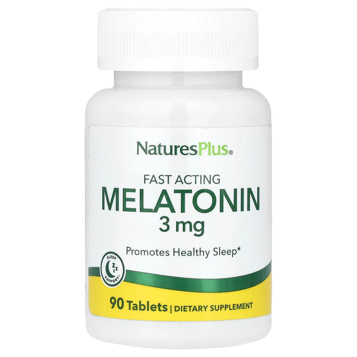 NaturesPlus Mélatonine 3 mg - bouteille visible, soutient un sommeil plus reposant.