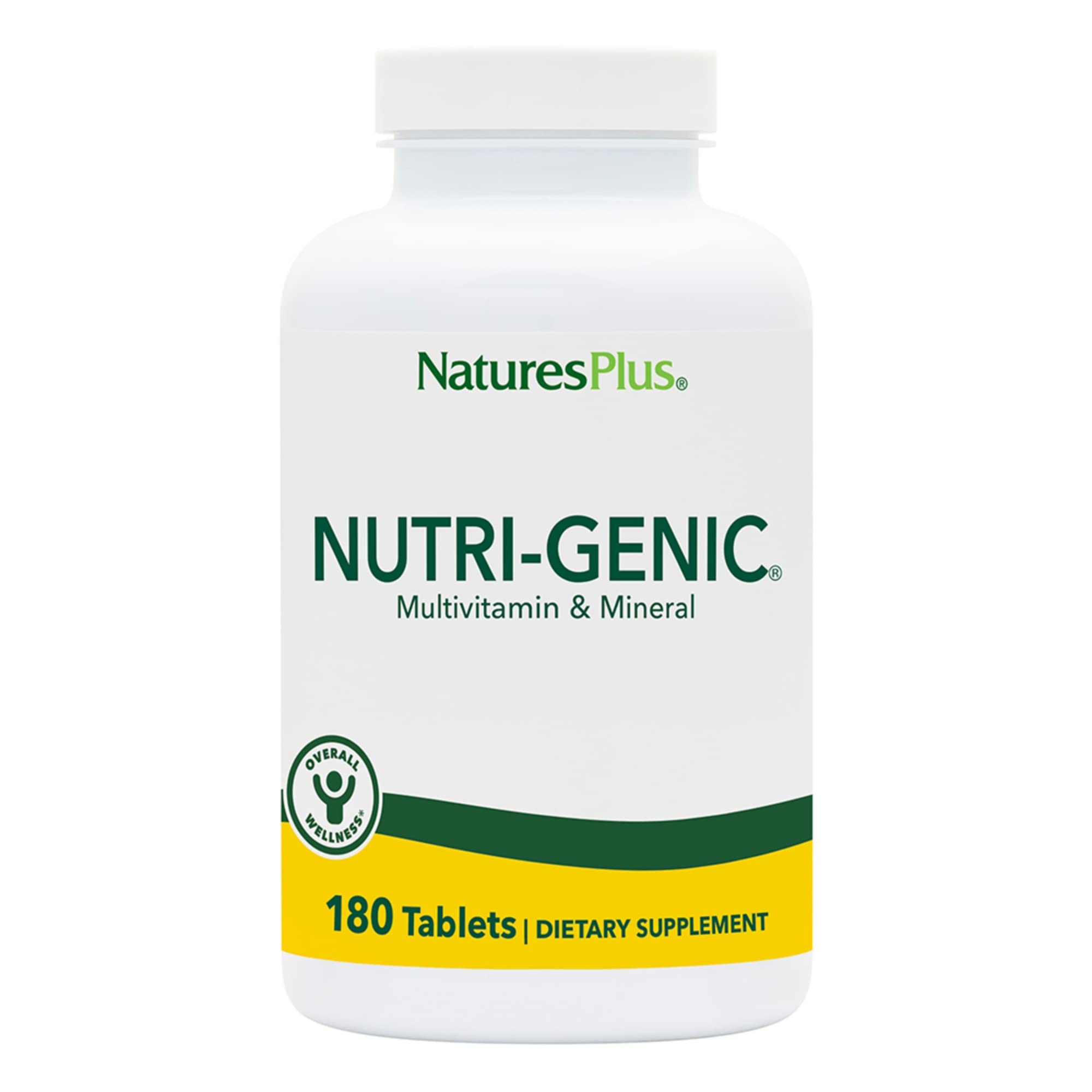 Nature's Plus Nutri-Genic: bouteille ouverte, comprimés végétariens faciles à prendre au quotidien.