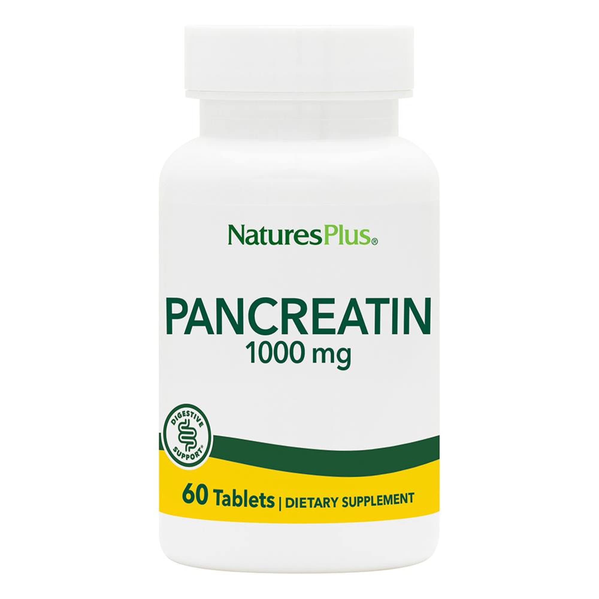 NaturesPlus Pancreatin – bouteille fermée, soutien digestif potentiel après les repas.