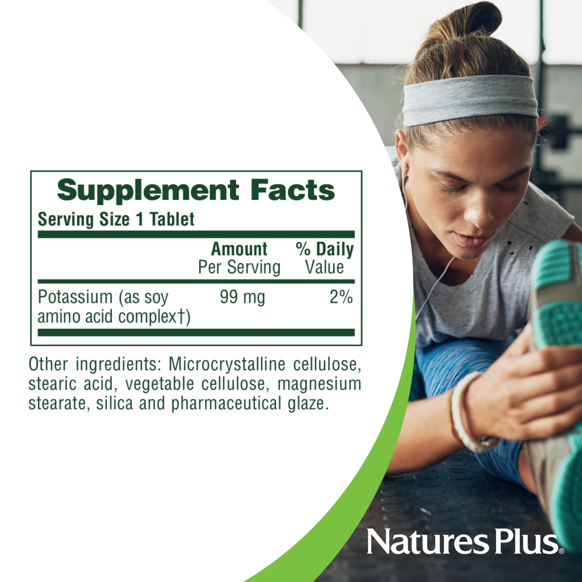 Nature’s Plus Potassium 99 mg, comprimés hexagonales faciles à manipuler.
