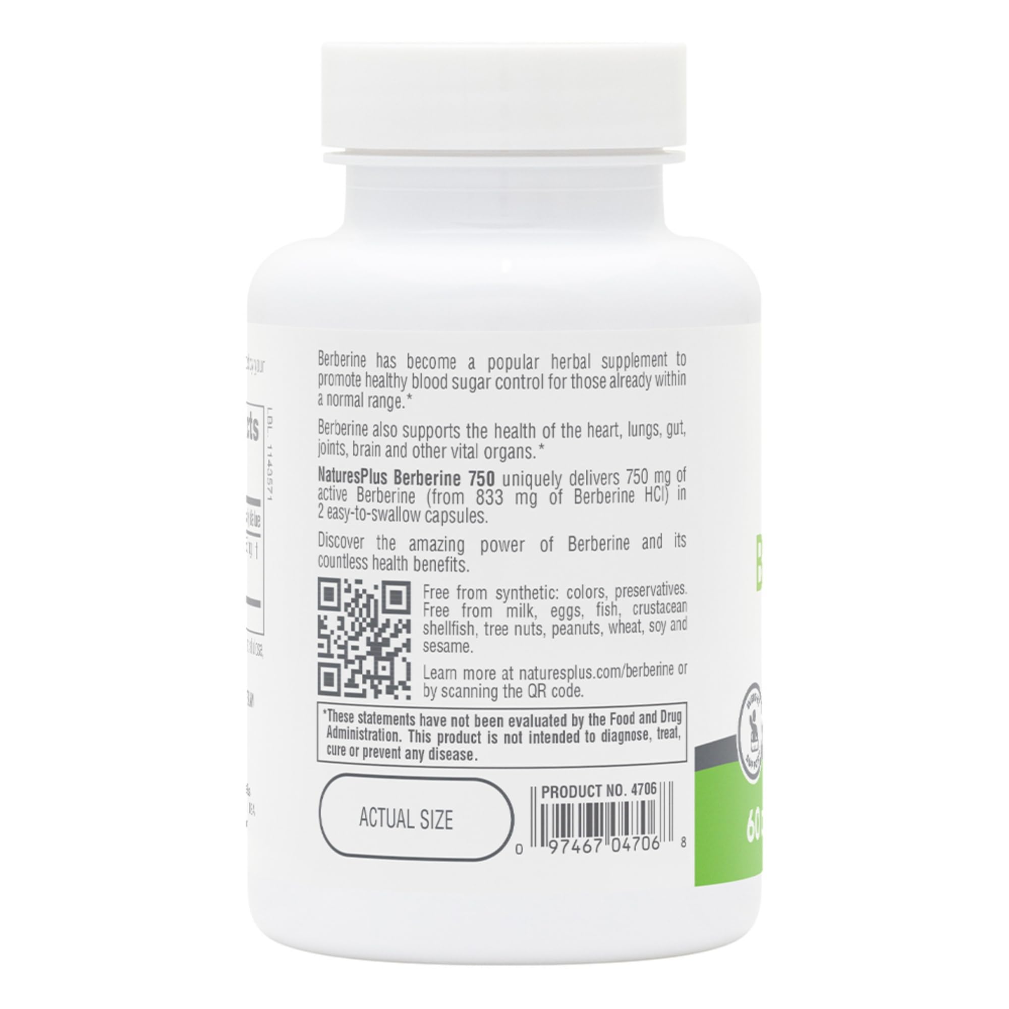 NaturesPlus PRO Berberine 750 mg – Étiquette claire pour choisir sans gluten.