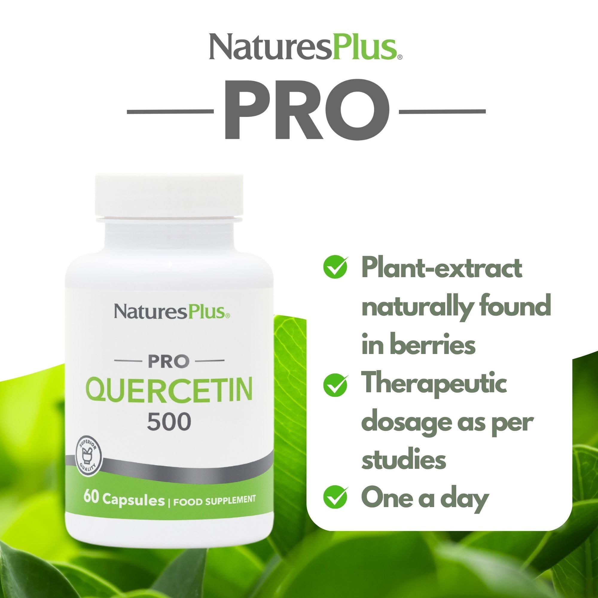 Étiquette NaturesPlus PRO Quercetine indiquant sans OGM, végan et sans gluten.