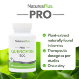 Étiquette NaturesPlus PRO Quercetine indiquant sans OGM, végan et sans gluten.