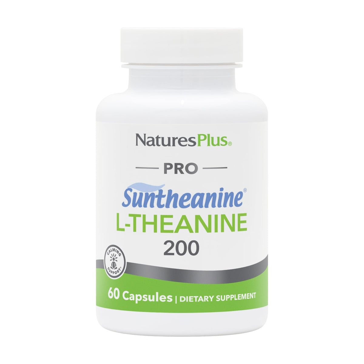 NaturesPlus PRO Suntheanine L-Theanine, bouteille visible, calme et concentration potentielle.