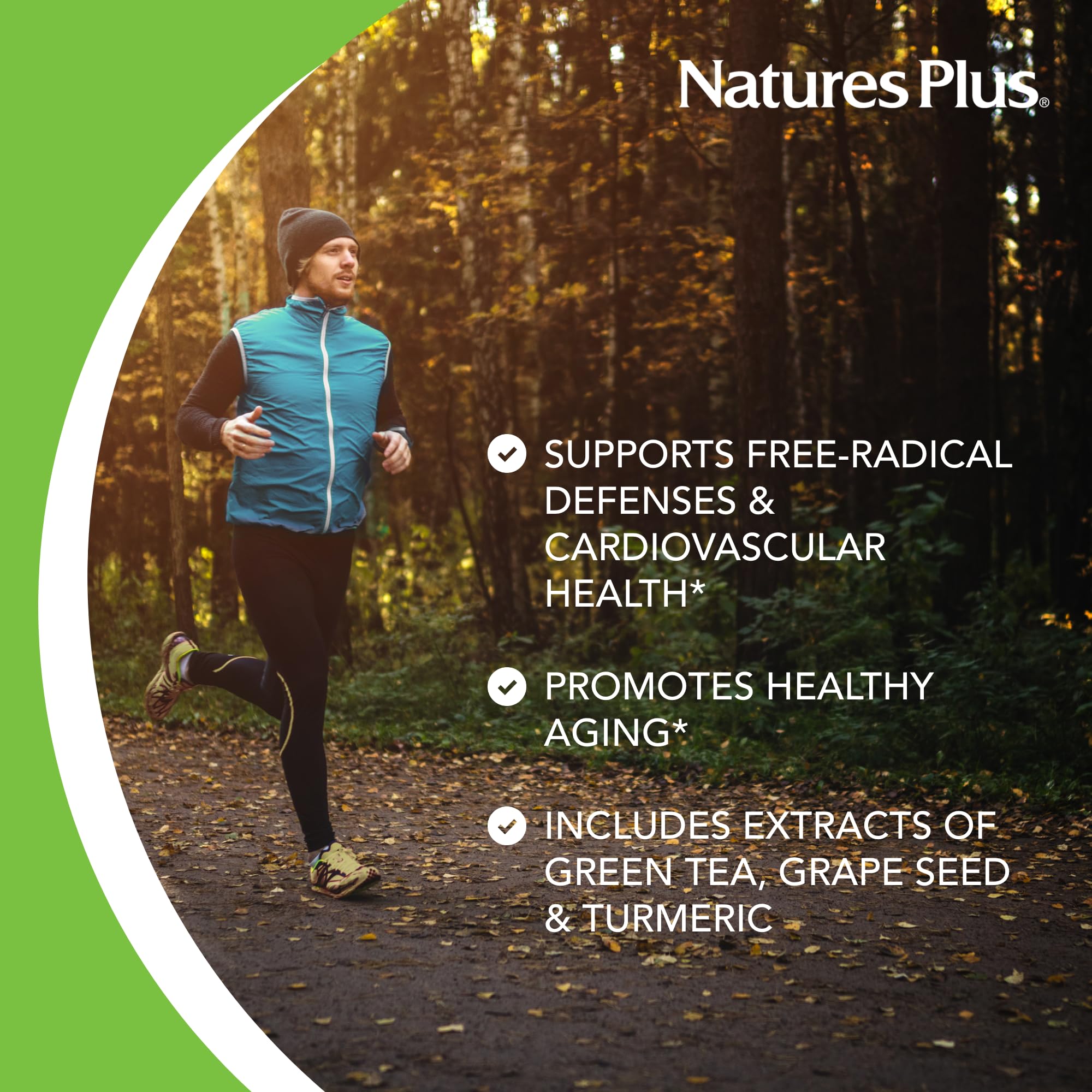 NaturesPlus Resveratrol - ingrédients issus de raisin, extraits et curcuma.