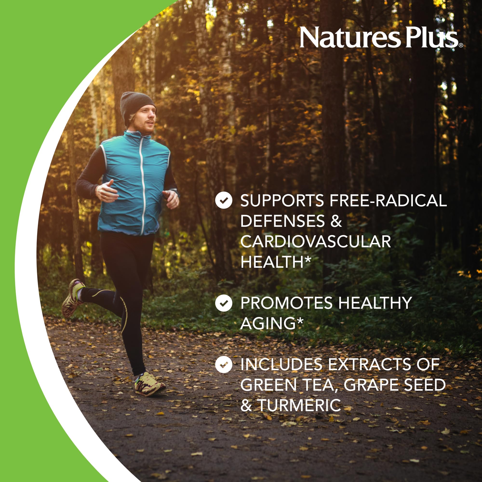 NaturesPlus Resveratrol – ingrédients thé vert, raisin et curcuma pour une formulation naturelle.