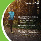 NaturesPlus Resveratrol – ingrédients thé vert, raisin et curcuma pour une formulation naturelle.
