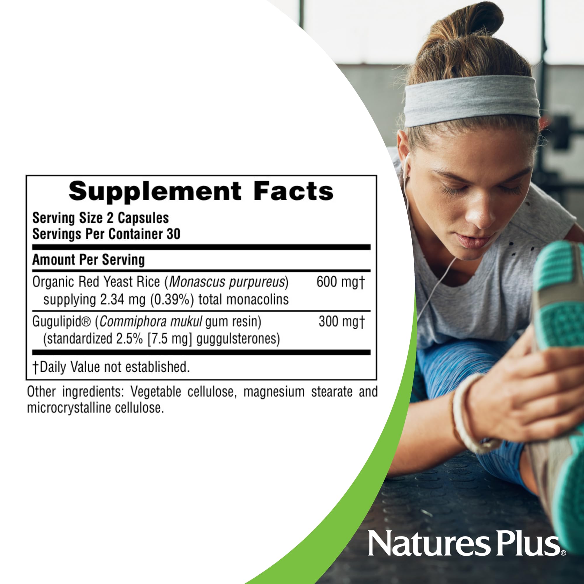 NaturesPlus Riz Levure Rouge Gugulipid, icone vegan, sans gluten, soutien mode de vie vegan.