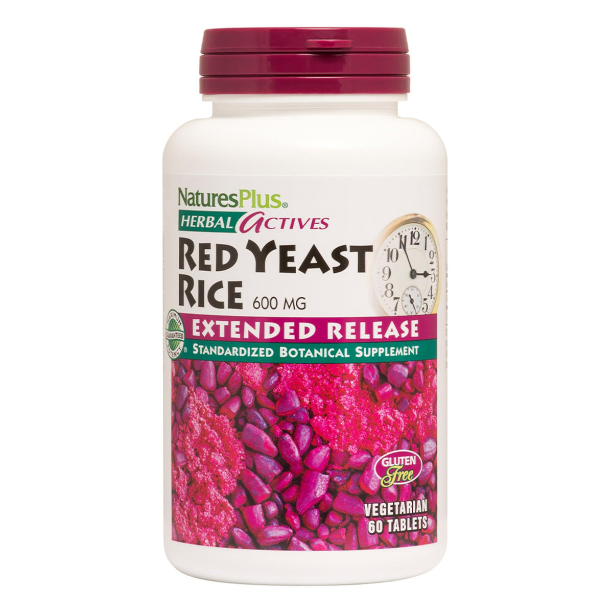 NaturesPlus Riz rouge de levure à libération prolongée dans une bouteille, pratique pour le quotidien.