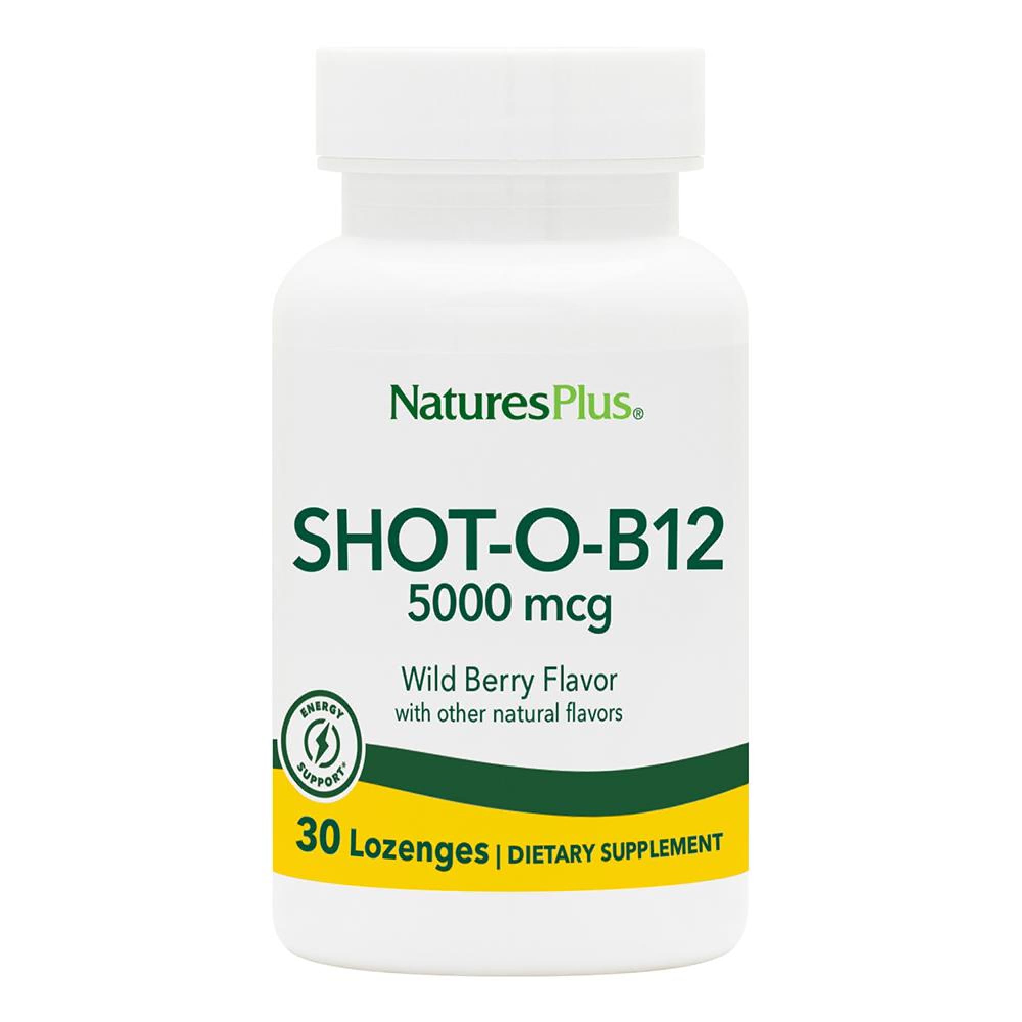 NaturesPlus Shot-O-B12 pastilles dans boîte, goût fruits des bois, pratique à emporter.
