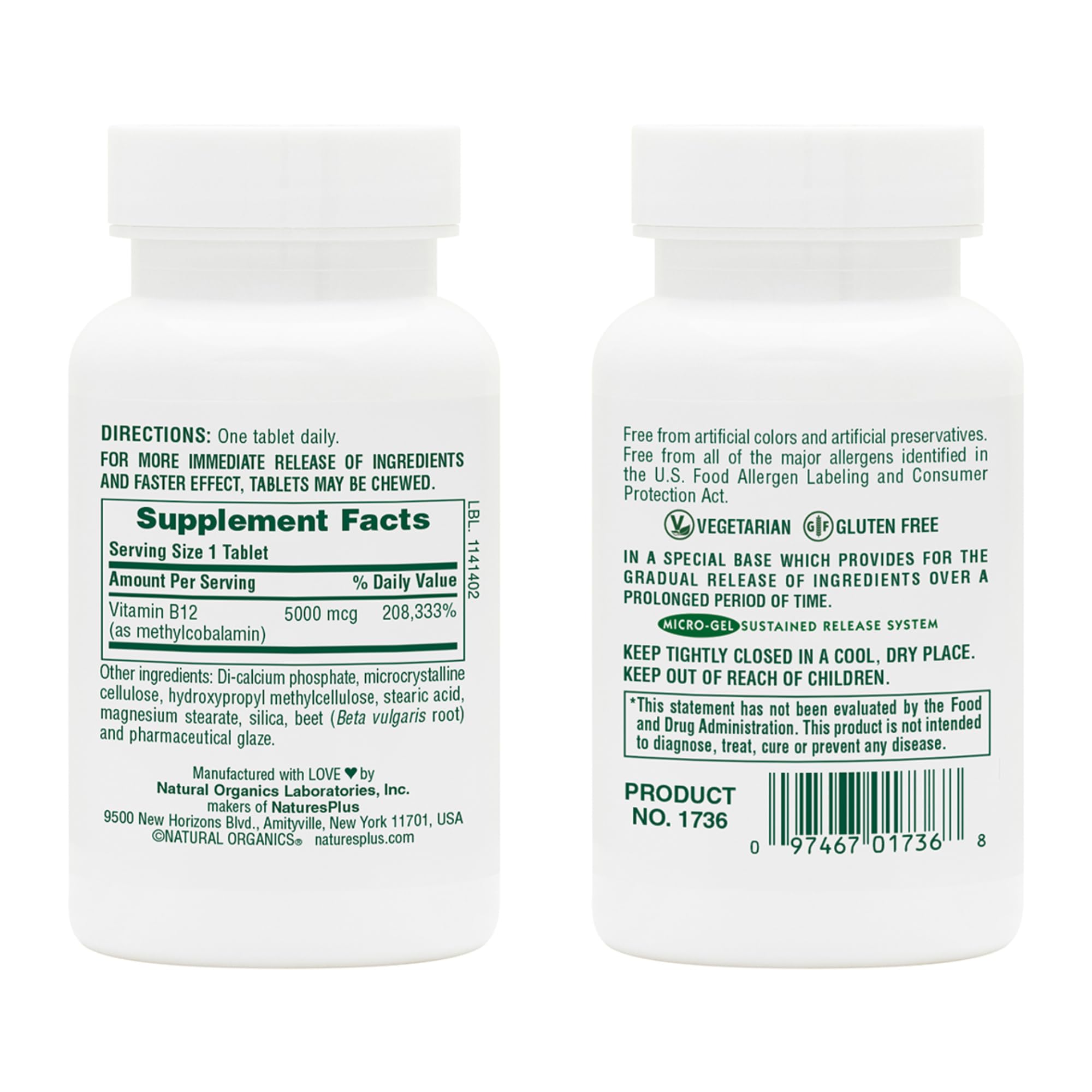 NaturesPlus Shot-O-B12, tablettes à libération prolongée favorisant une énergie durable.