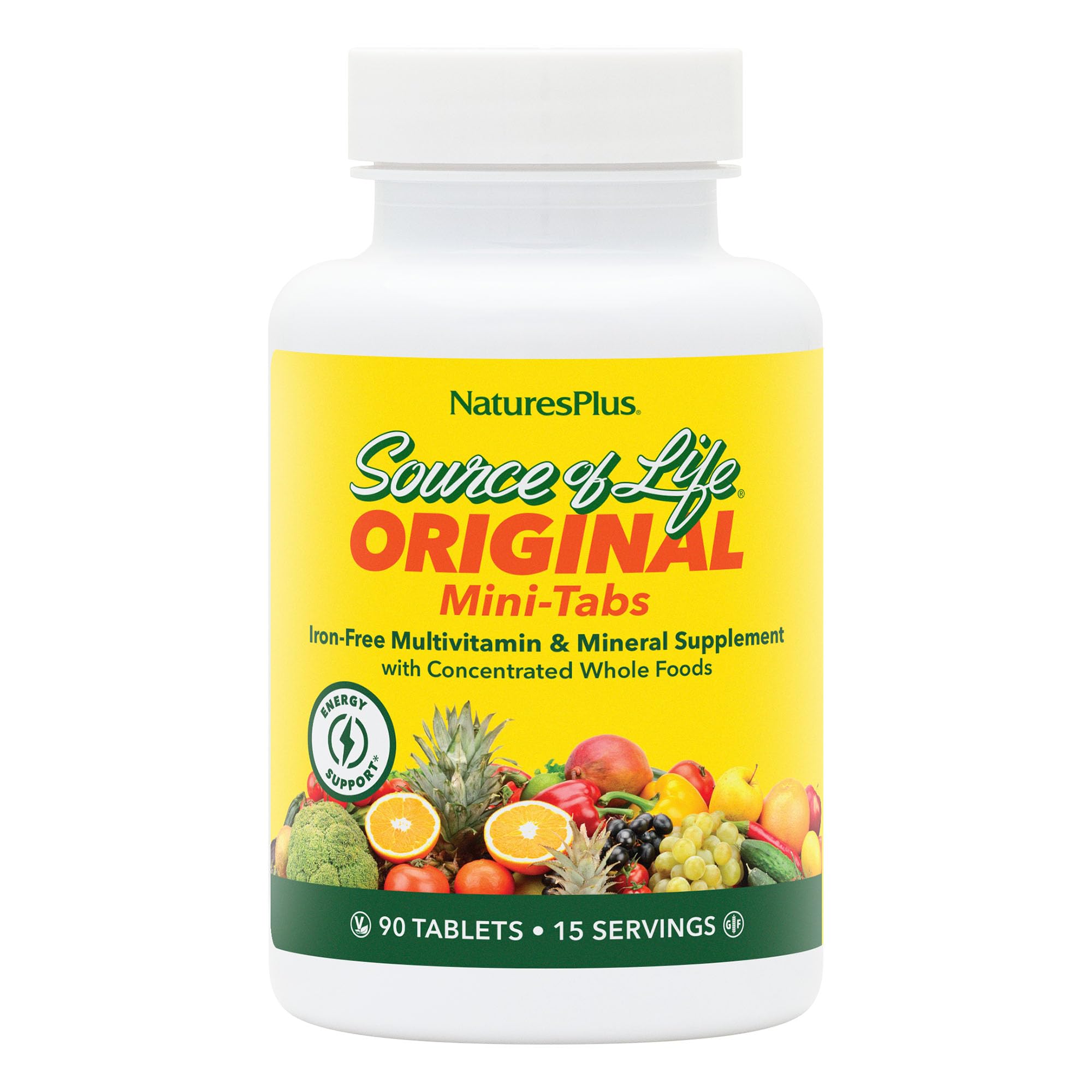 NaturesPlus Source de Life Sans Fer Mini-Tabs dans une bouteille pratique pour énergie quotidienne.