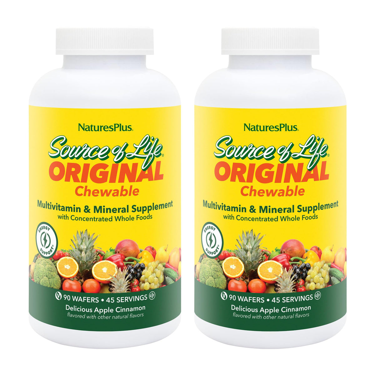 NaturesPlus Source de Vie Adulte, pastilles pomme-cannelle en bouteille favorisant l'énergie naturelle.