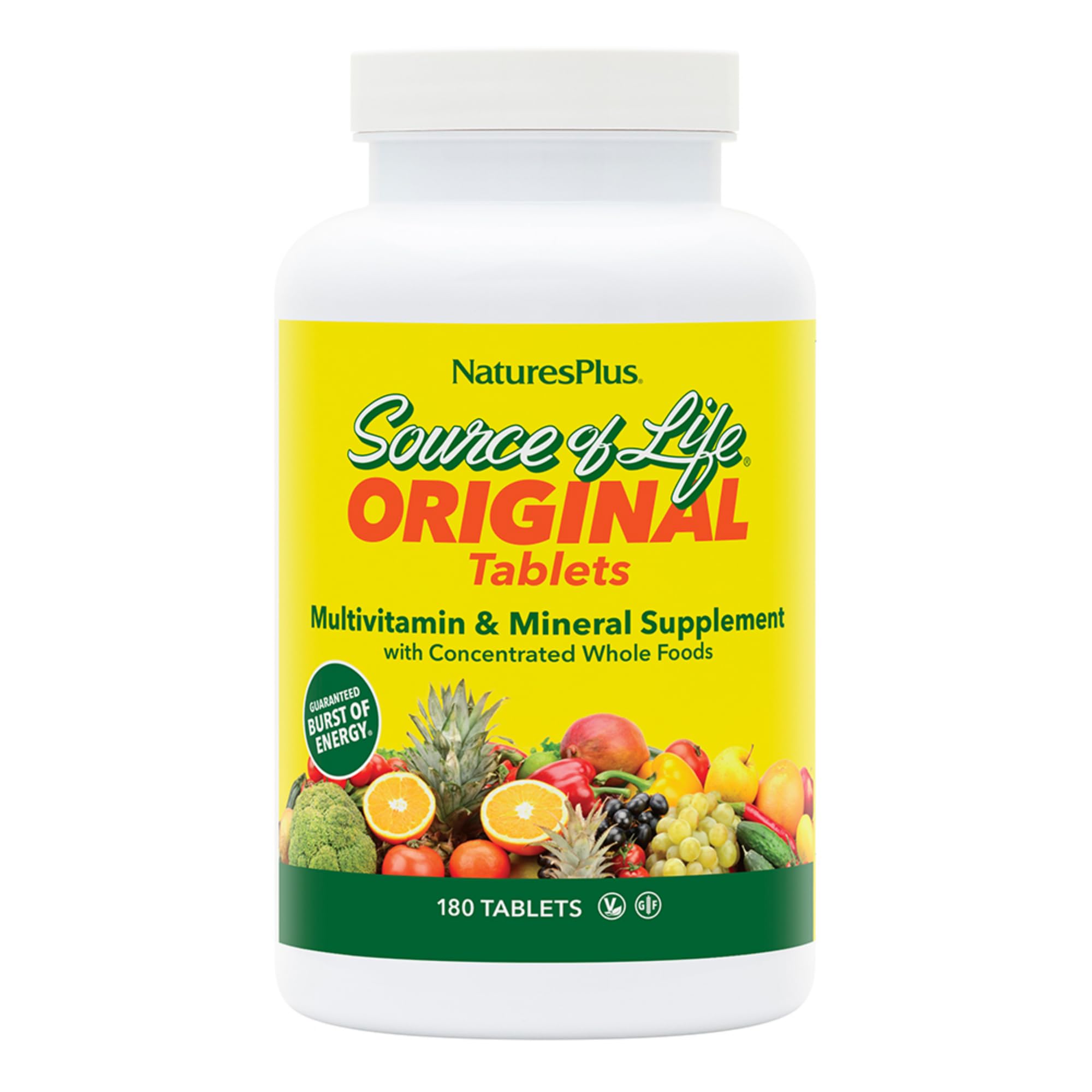 Source of Life de NaturesPlus: bouteille montrant 180 comprimés pour énergie et bien-être.