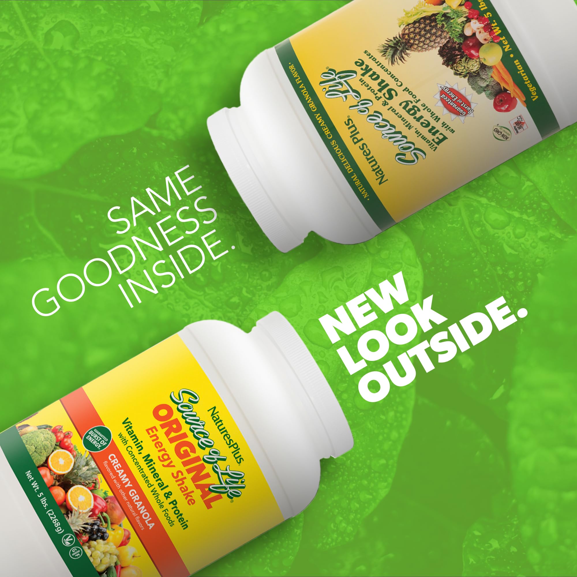 NaturesPlus Source de Vie Énergie Shake, ingrédients visibles et protéines complètes soutenant l'énergie.