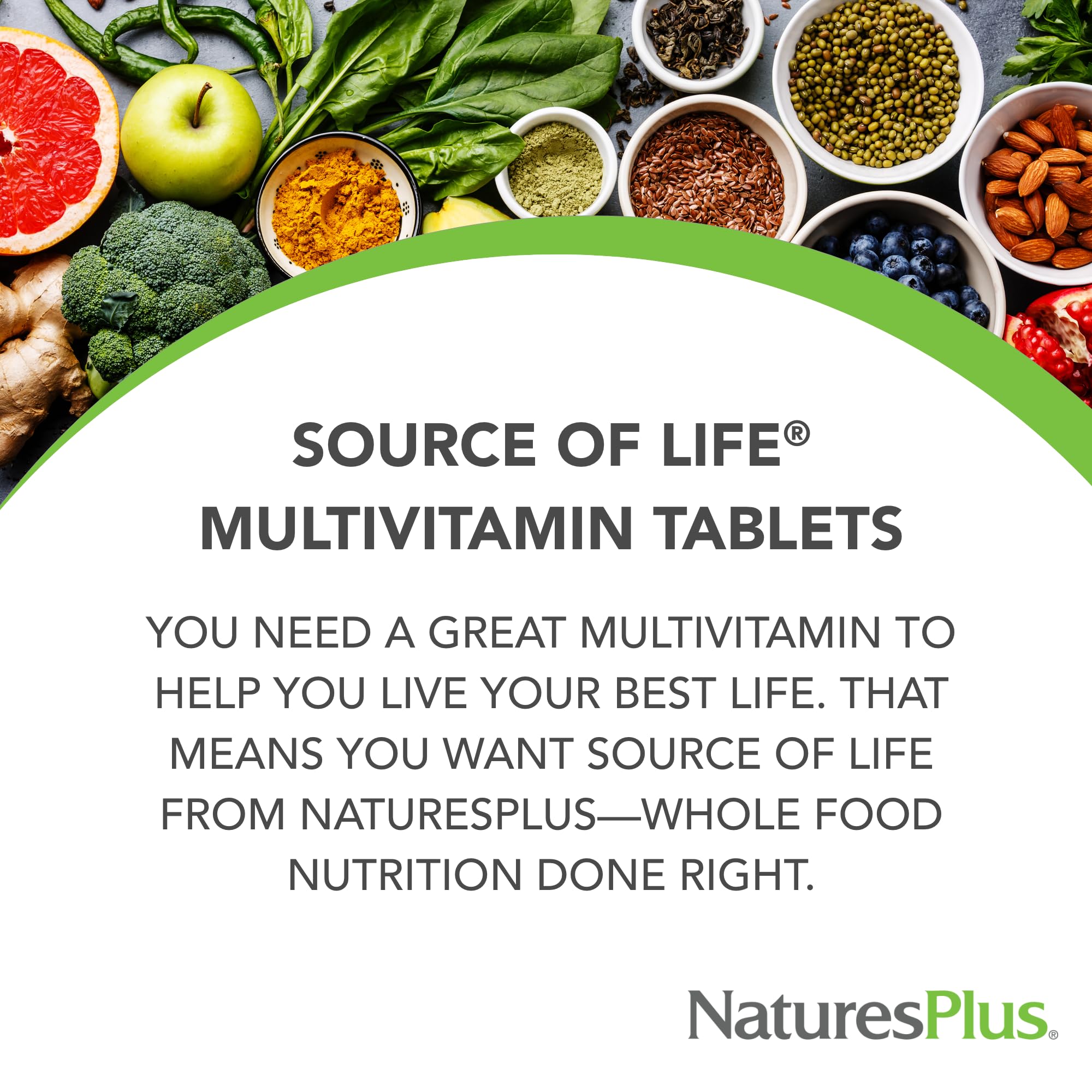 NaturesPlus Source of Life – étiquette montrant ingrédients concentrés d’aliments complets.