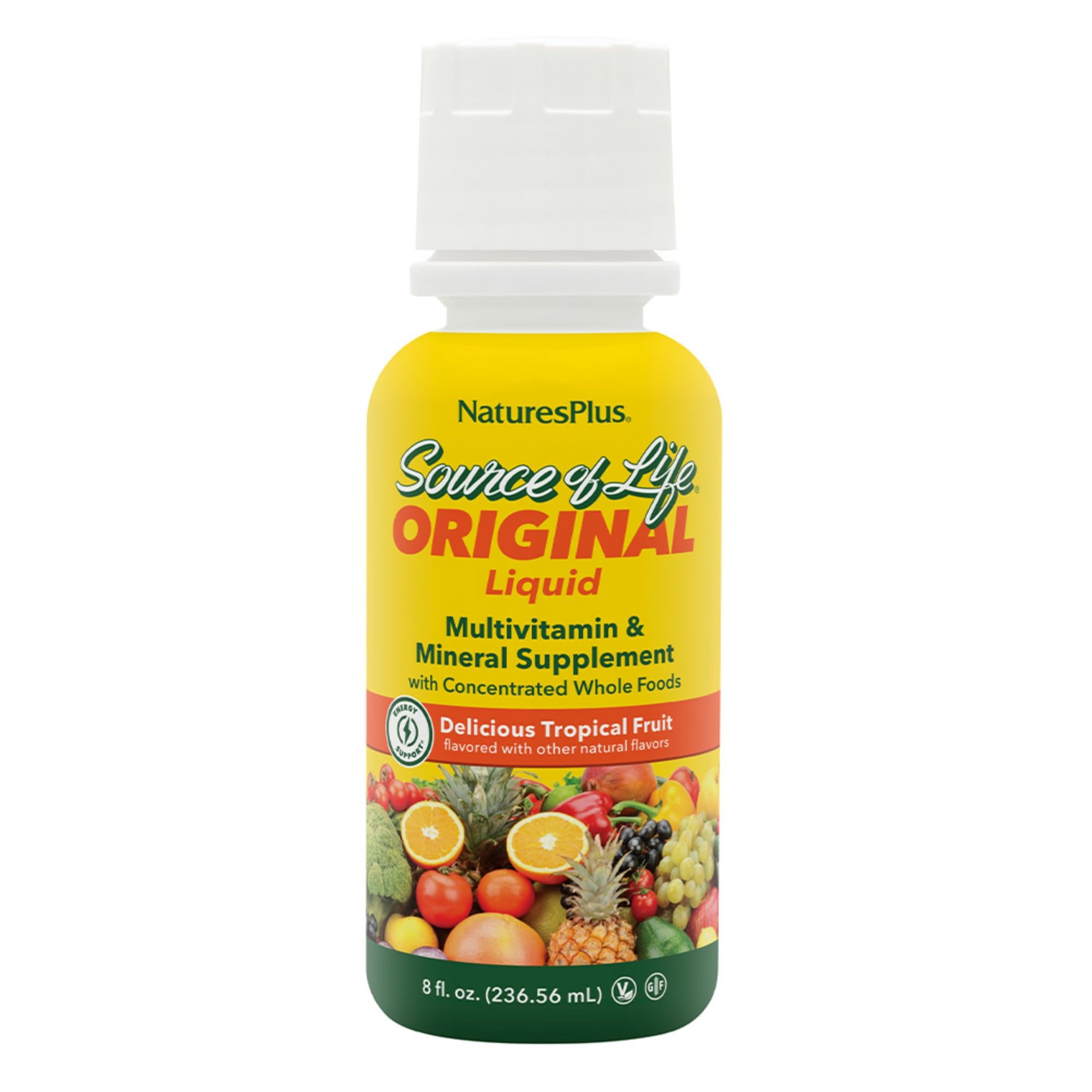 NaturesPlus Source de Vie Liquide, bouteille au goût fruit tropical, soutien nutritionnel quotidien.