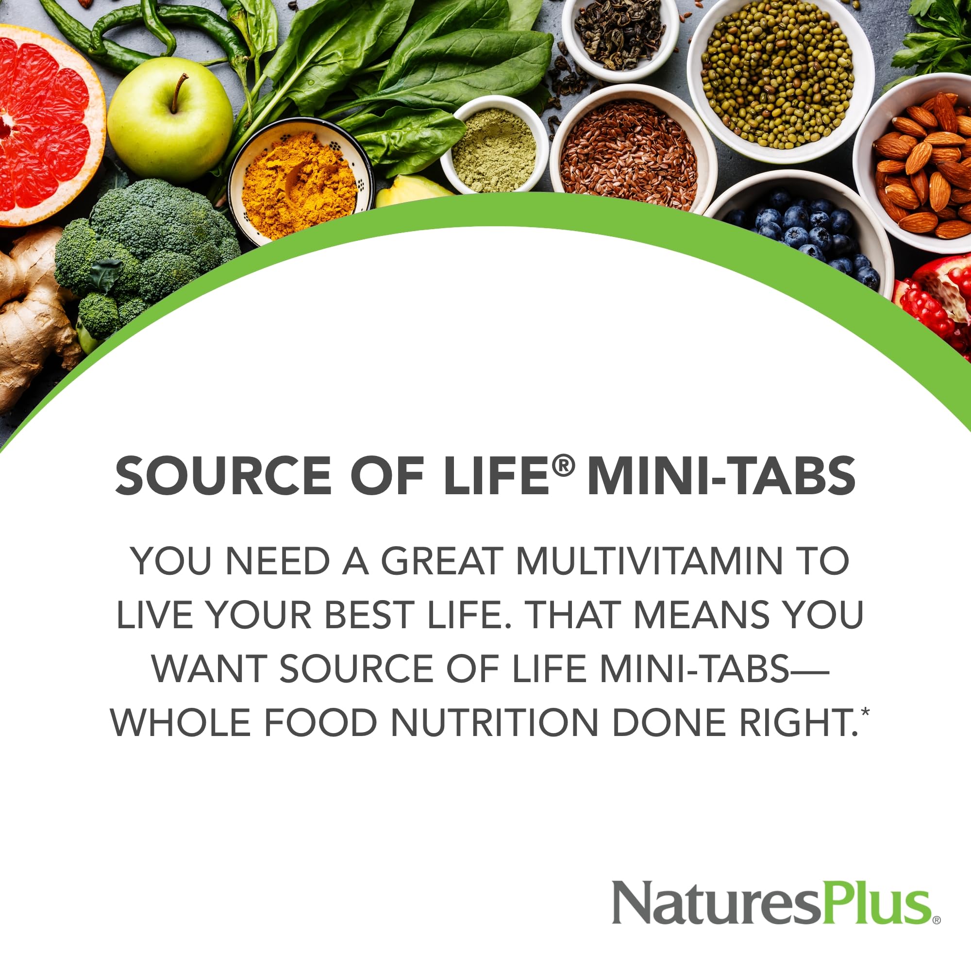 Étiquette claire de NaturesPlus Source de Vie Mini-Tablettes avec informations nutritionnelles.