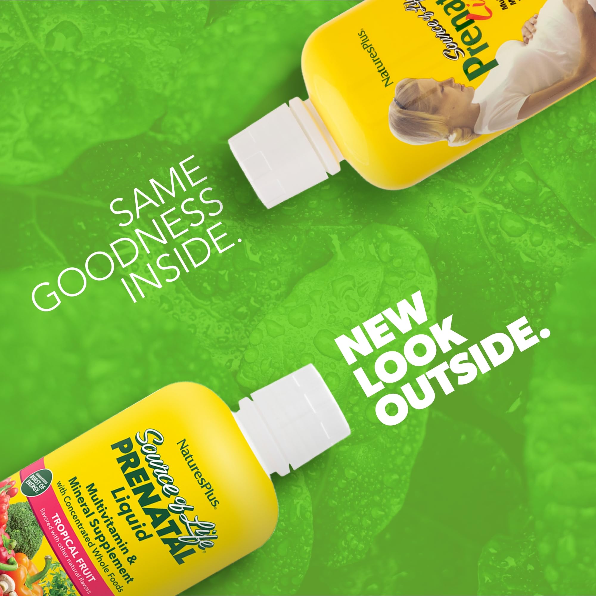 NaturesPlus Source de Vie Prenatal Liquide, étiquette indiquant les nutriments essentiels.