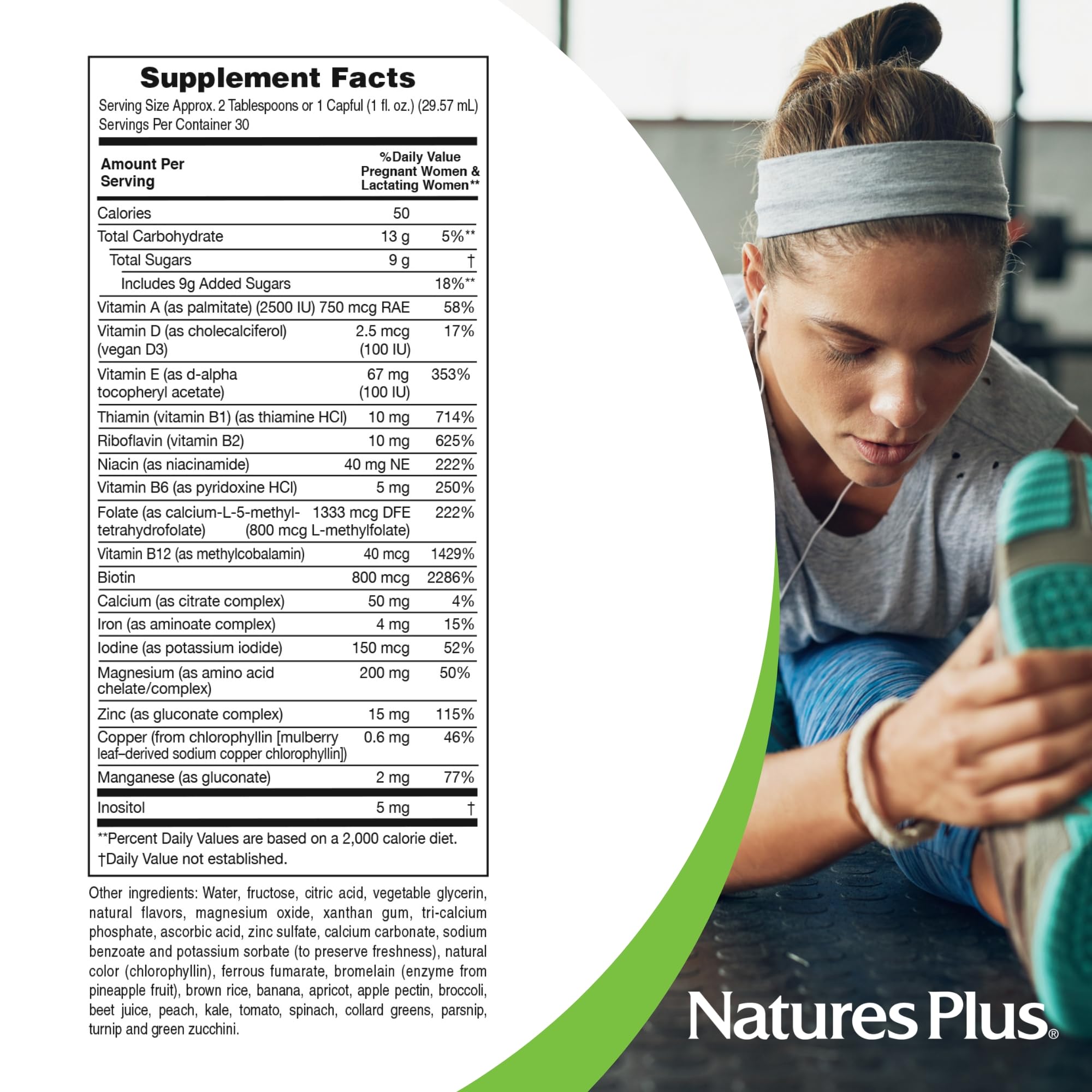 NaturesPlus Source de Vie Prenatal Liquide, contrôles qualité conformes cGMP et registres FDA/NSF.