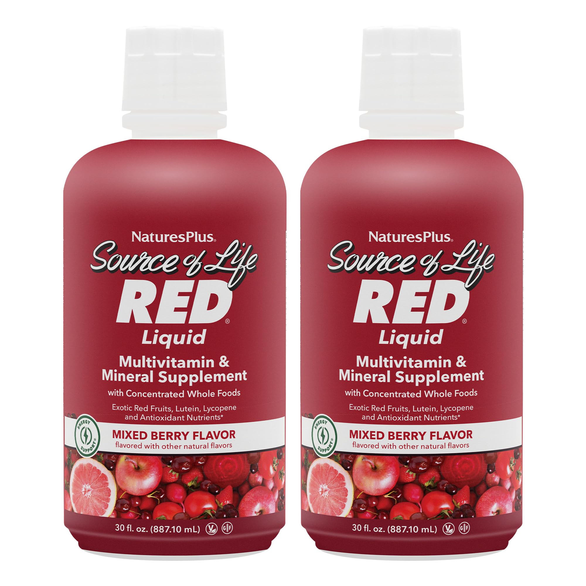 NaturesPlus Source de Vie Rouge: bouteille rouge illustrant énergie et soutien immunitaire.