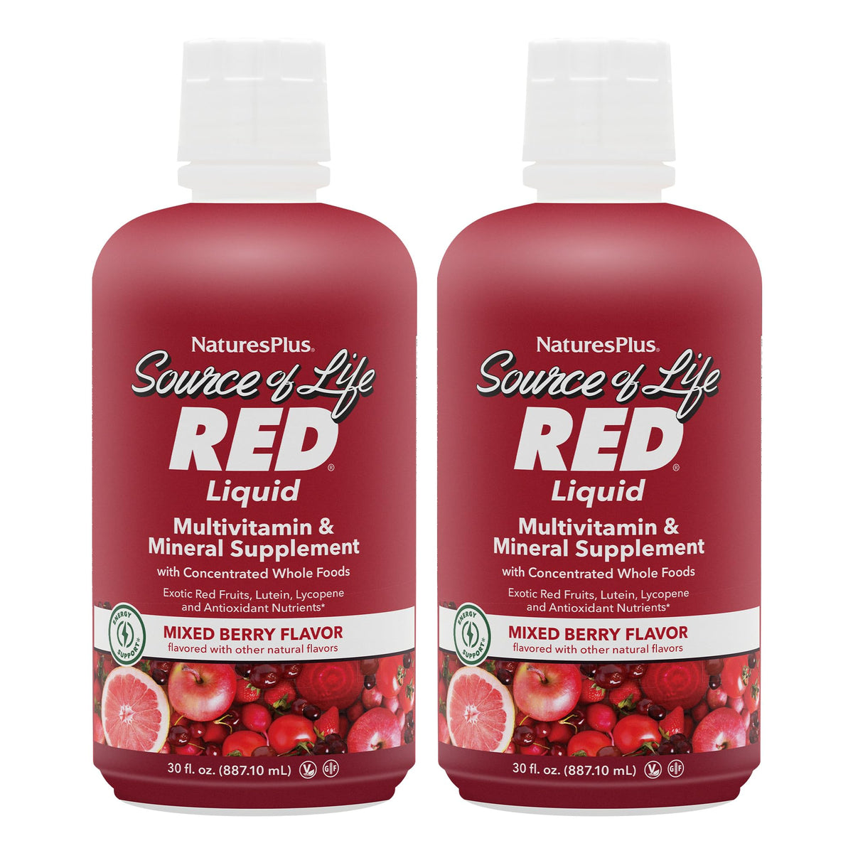 NaturesPlus Source de Vie Rouge: bouteille rouge illustrant énergie et soutien immunitaire.