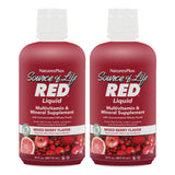 NaturesPlus Source de Vie Rouge: bouteille rouge illustrant énergie et soutien immunitaire.