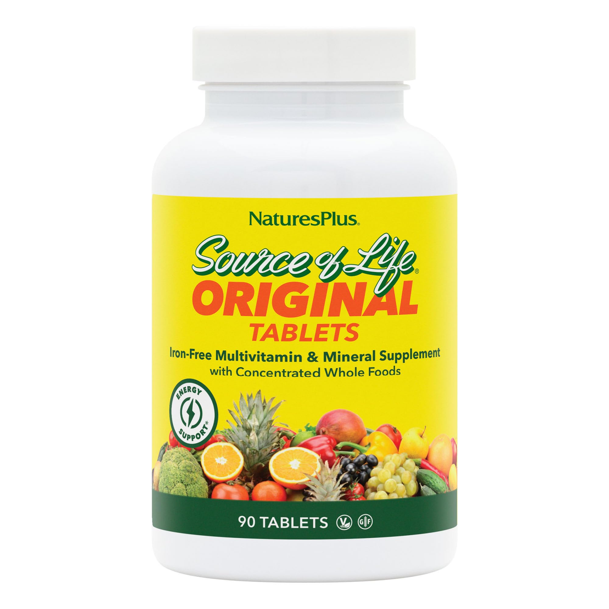 NaturesPlus Source of Life No Iron – bouteille et tablettes, énergie naturelle potentielle.