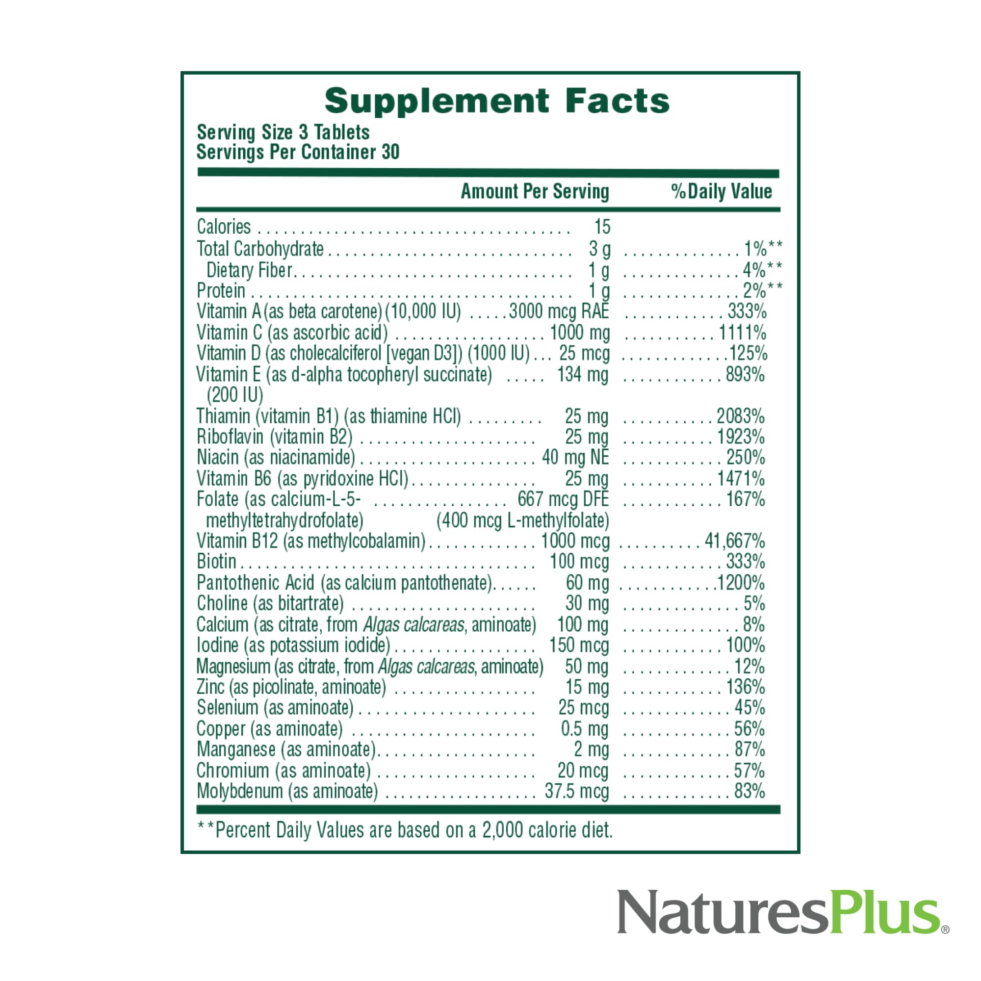 NaturesPlus Source of Life No Iron – dose quotidienne recommandée sur l'emballage.