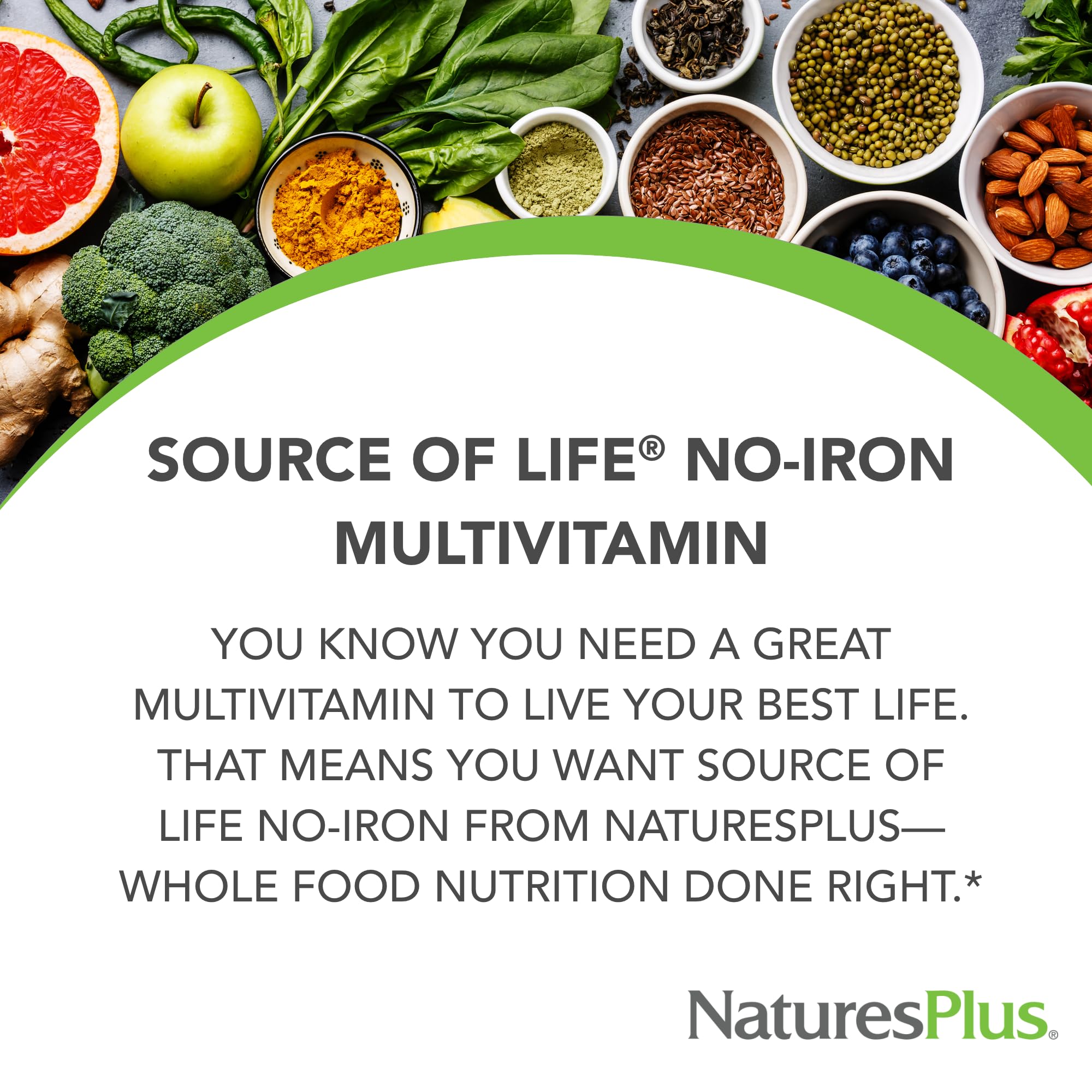 NaturesPlus Source of Life No Iron – tablettes visibles, soutien à la vitalité au quotidien.