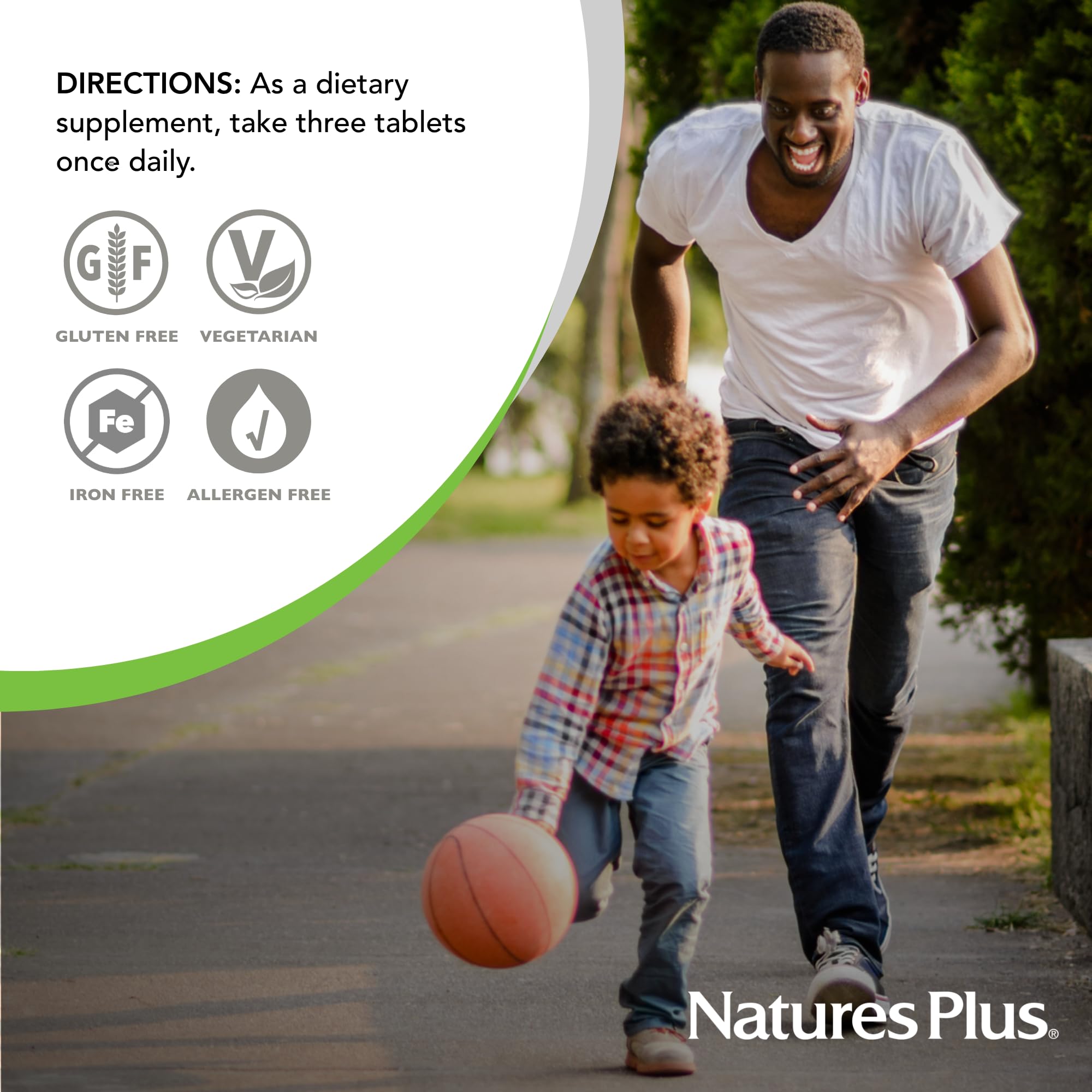 NaturesPlus Source of Life No Iron – utilisation recommandée avec trois comprimés par jour.