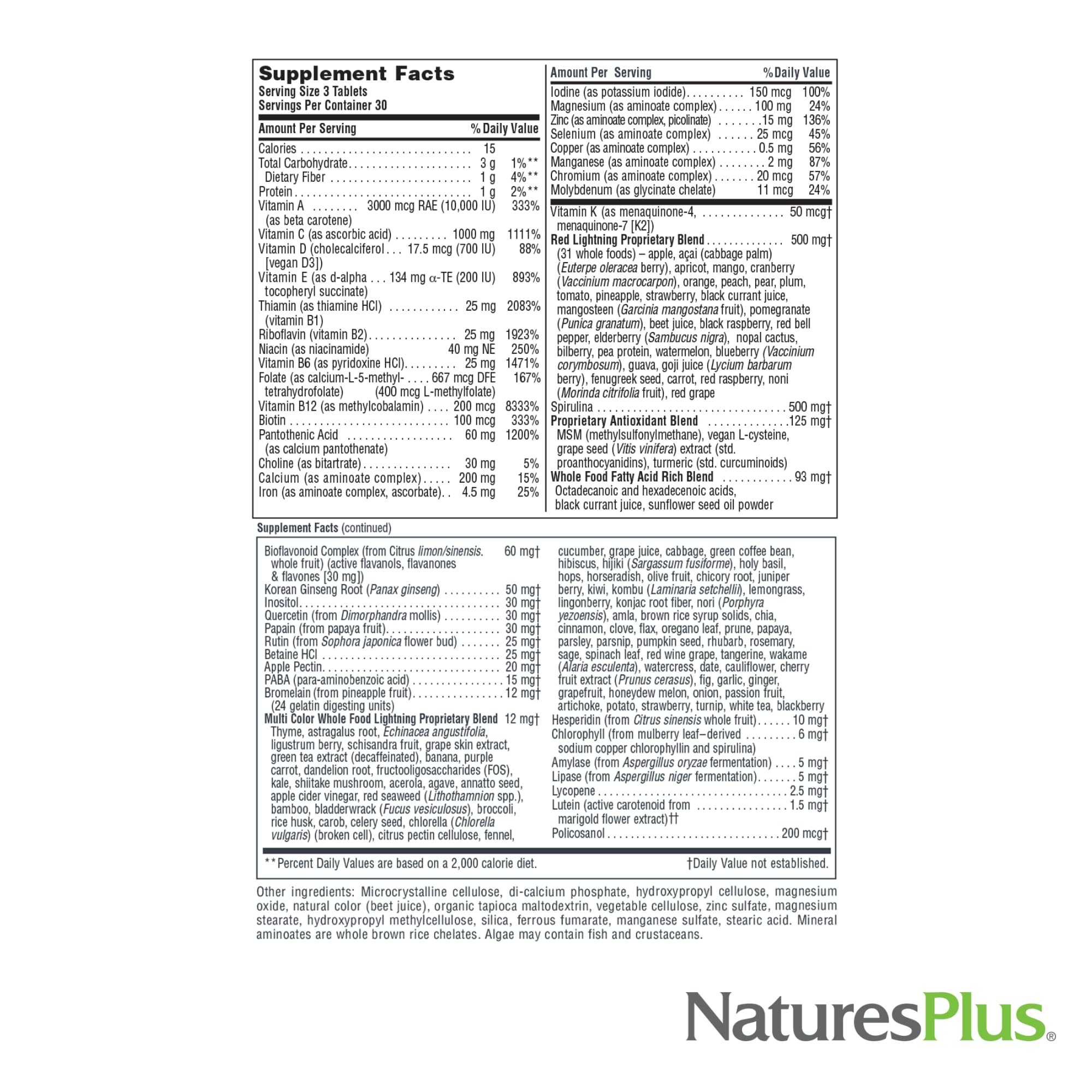 NaturesPlus Source de Vie Verte et Rouge — panneau nutritionnel lisible, aide à planifier votre routine.