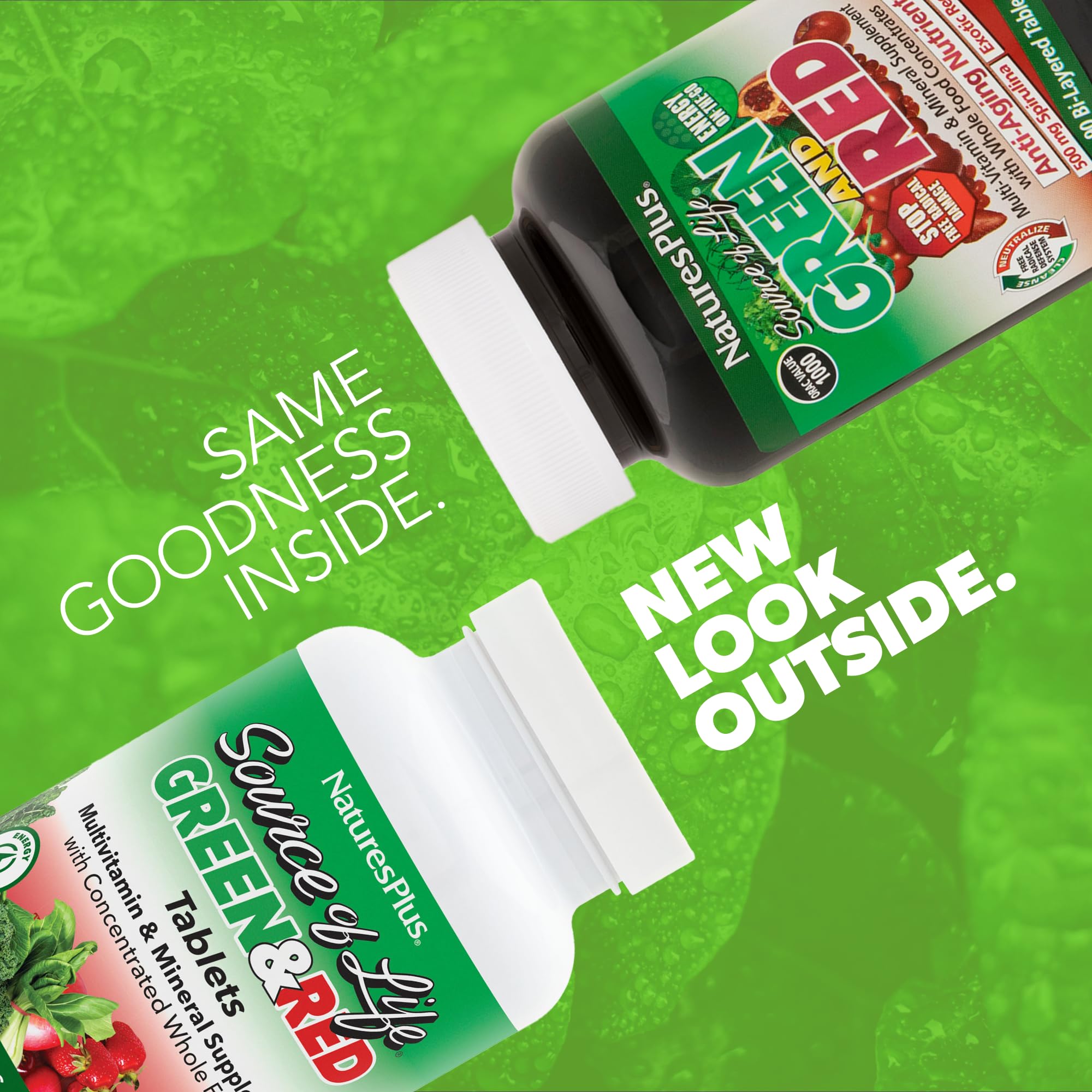 NaturesPlus Source de Vie Verte et Rouge — tablettes visibles, pratique pour maintenir l'énergie au quotidien.