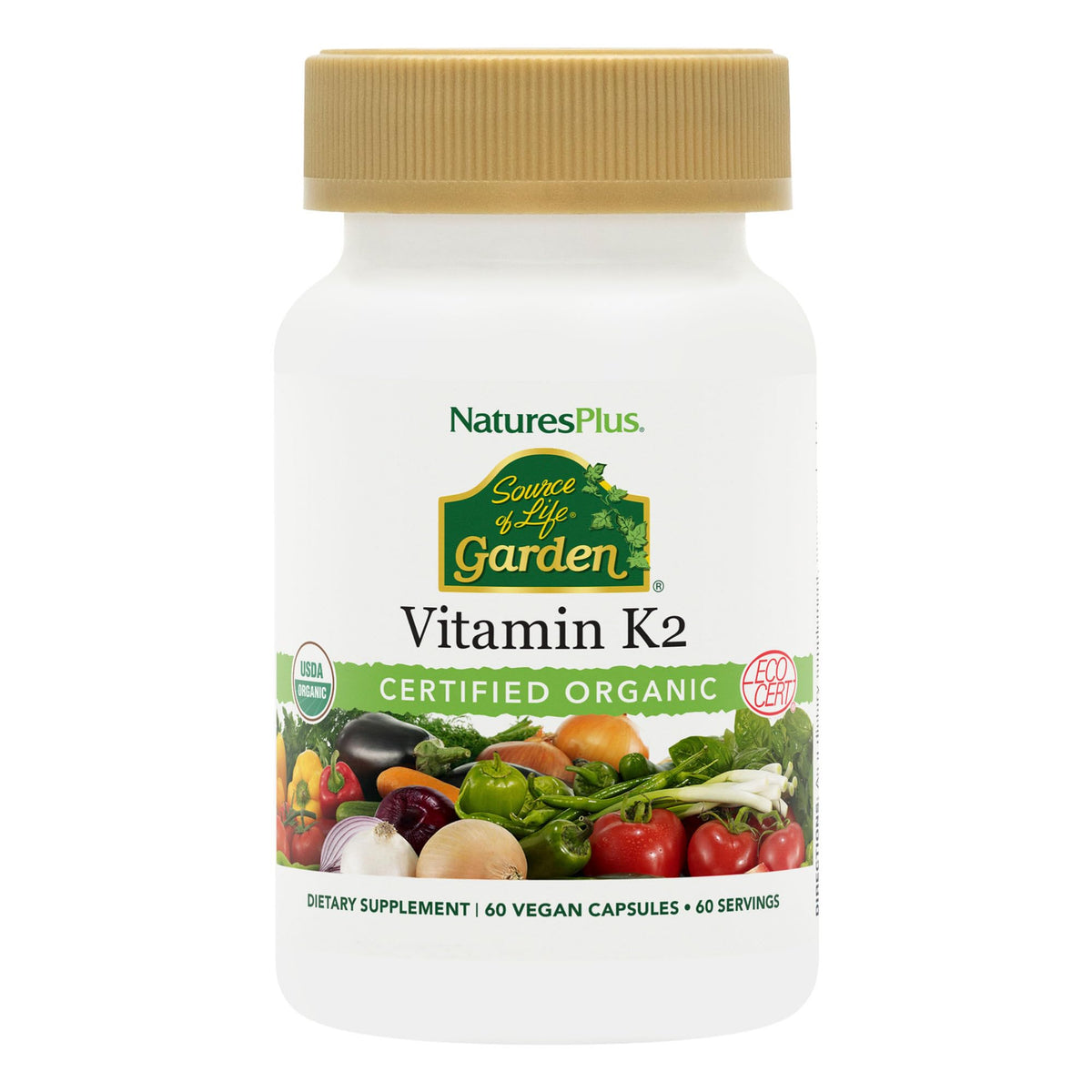 NaturesPlus Source of Life Garden Vitamine K2 — Bouteille 60 gélules pour soutien osseux.