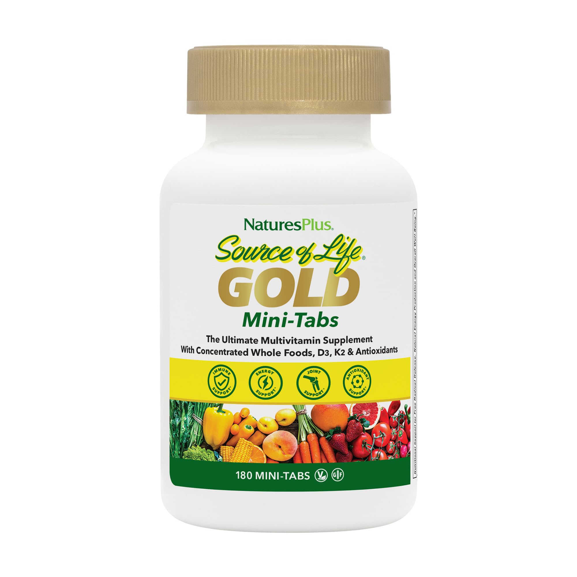 NaturesPlus Source of Life Gold – flacon mini-tablettes pour énergie quotidienne.