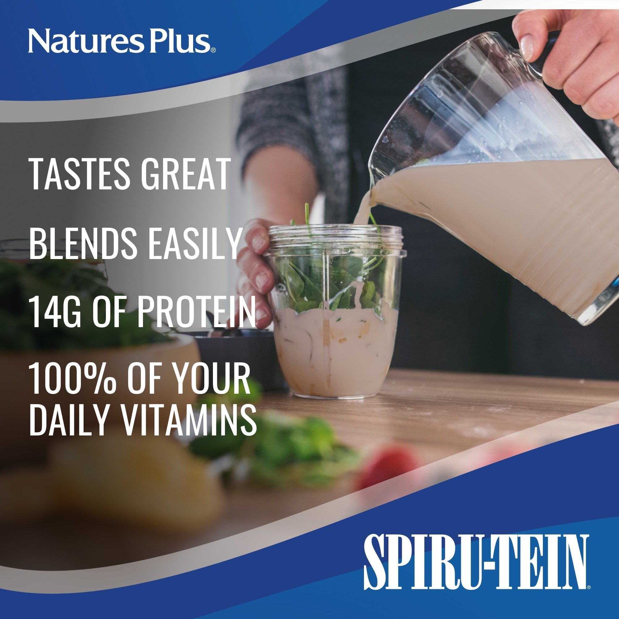 NaturesPlus Spiru-Tein Chocolat, mélange Tri-Protéines pour une nutrition pratique.