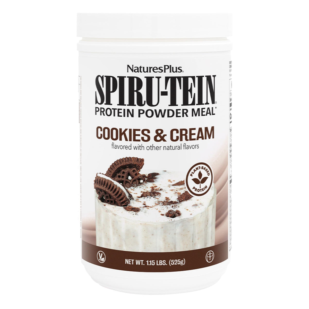NaturesPlus SpirU-Tein Cookies & Cream emballage: protéine végétale pratique pour les collations.