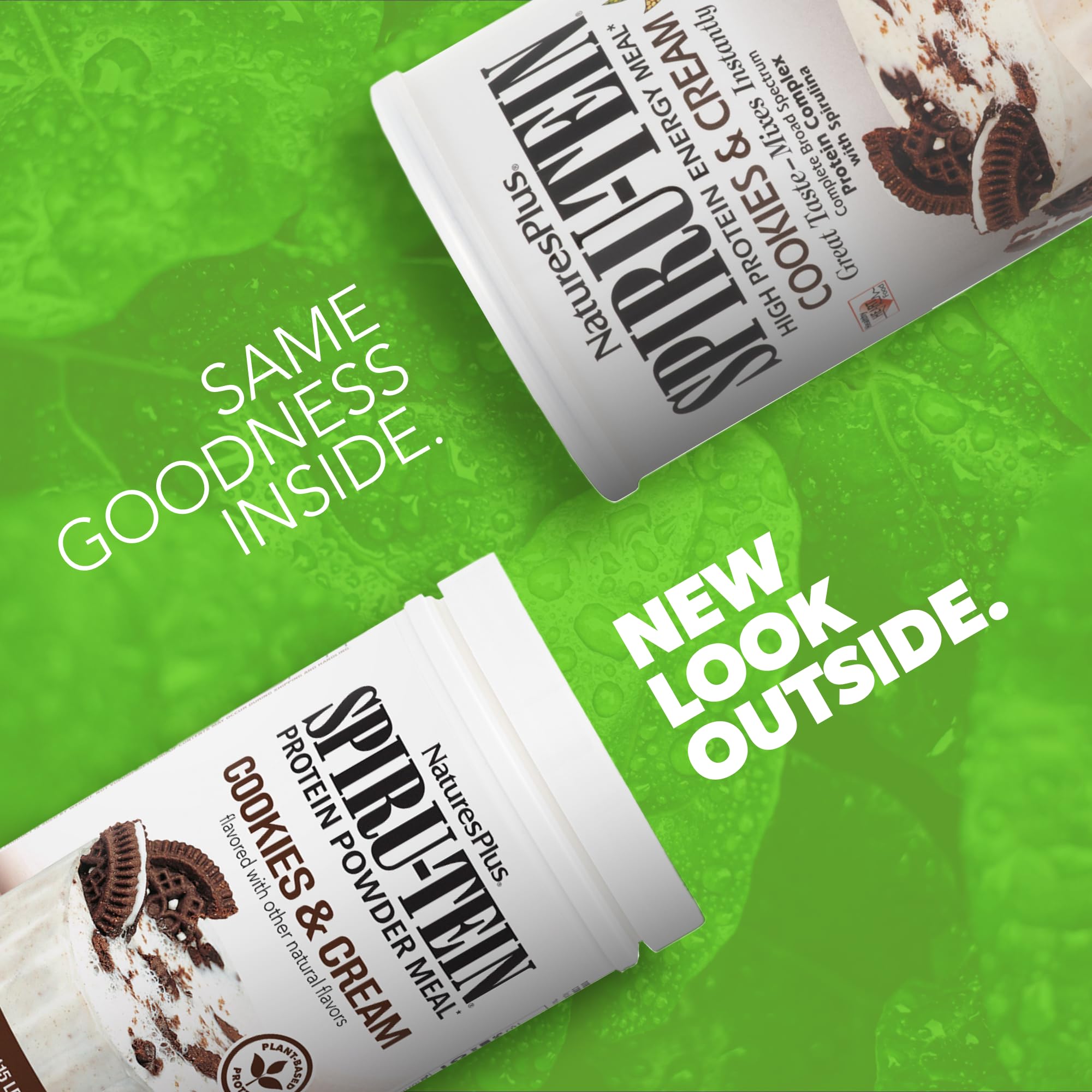 NaturesPlus SpirU-Tein Cookies & Cream emballage affichant les valeurs nutritionnelles.