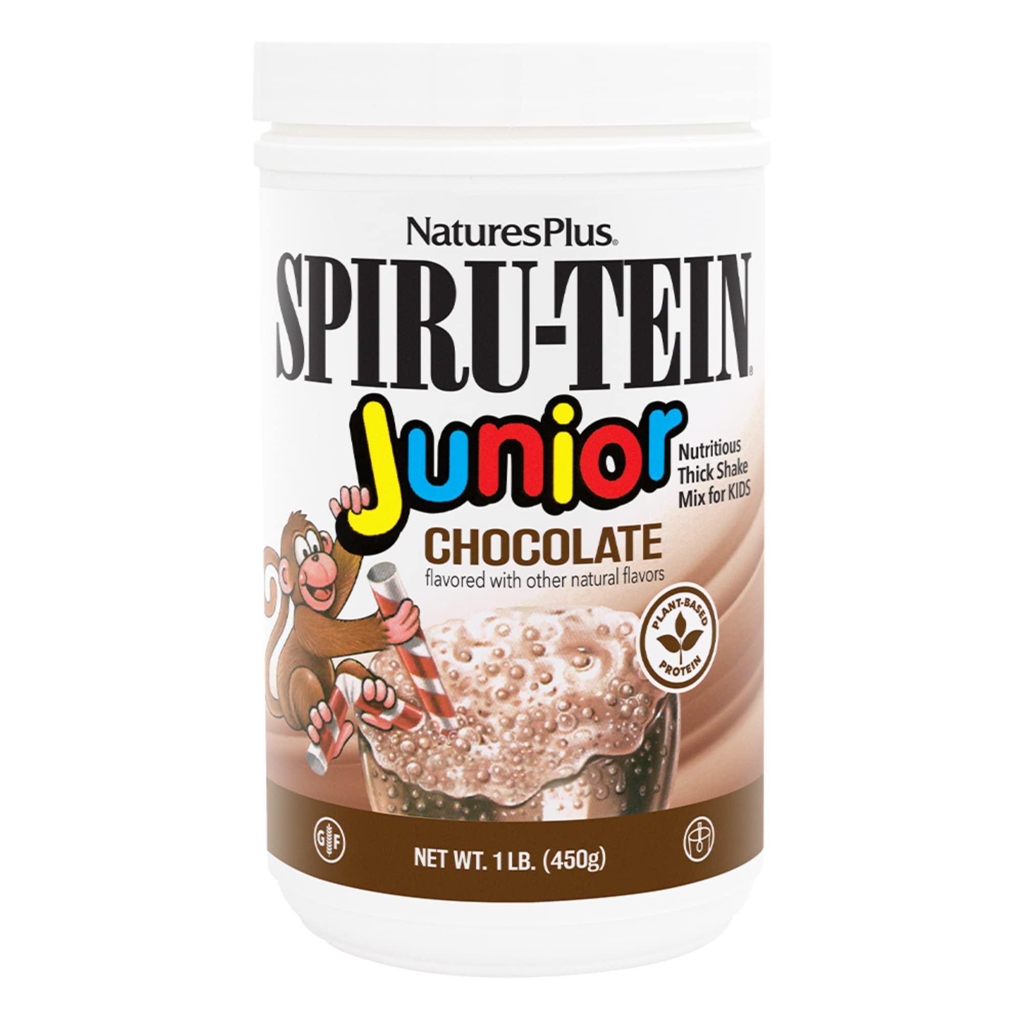 NaturesPlus SpirU-TEIN Junior chocolat, bouteille ouverte prête à servir une collation protéinée pour enfants.