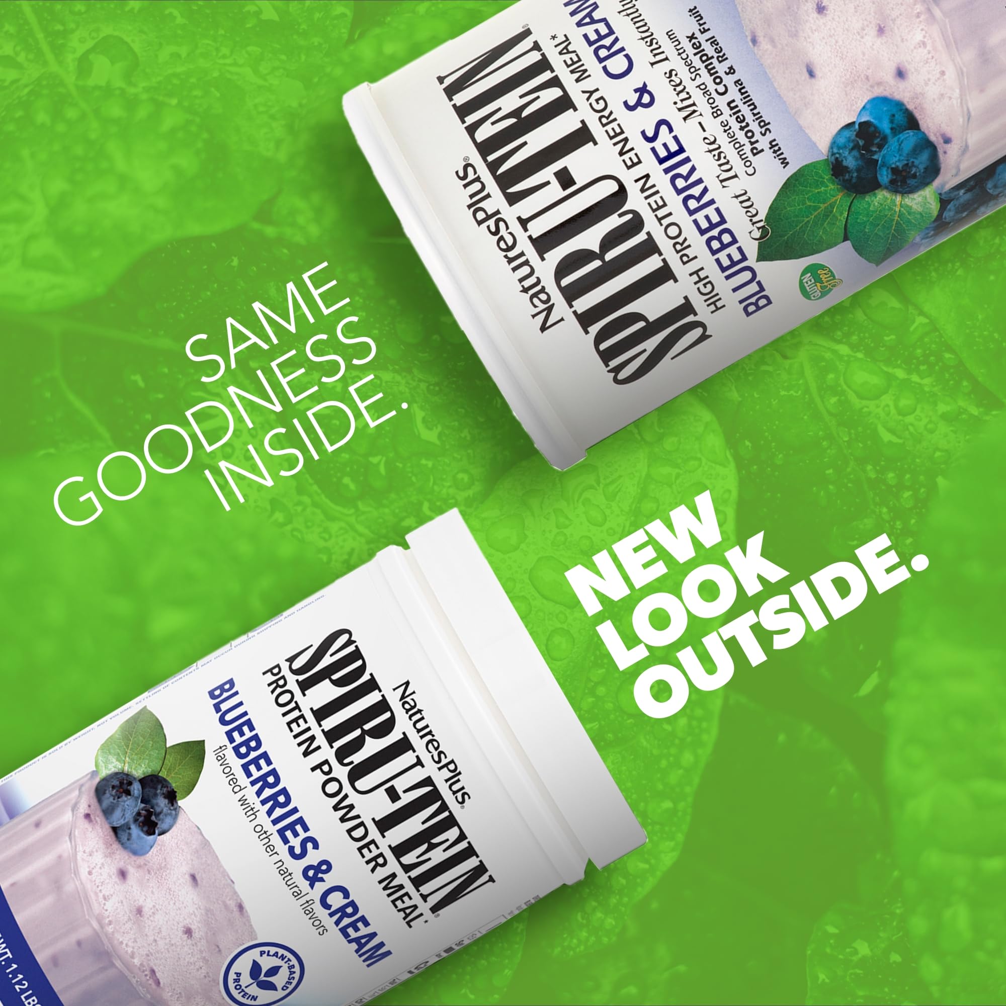 NaturesPlus SPIRU-TEIN Bleuets et Crème dans verre, mélange rapide sans mixeur.