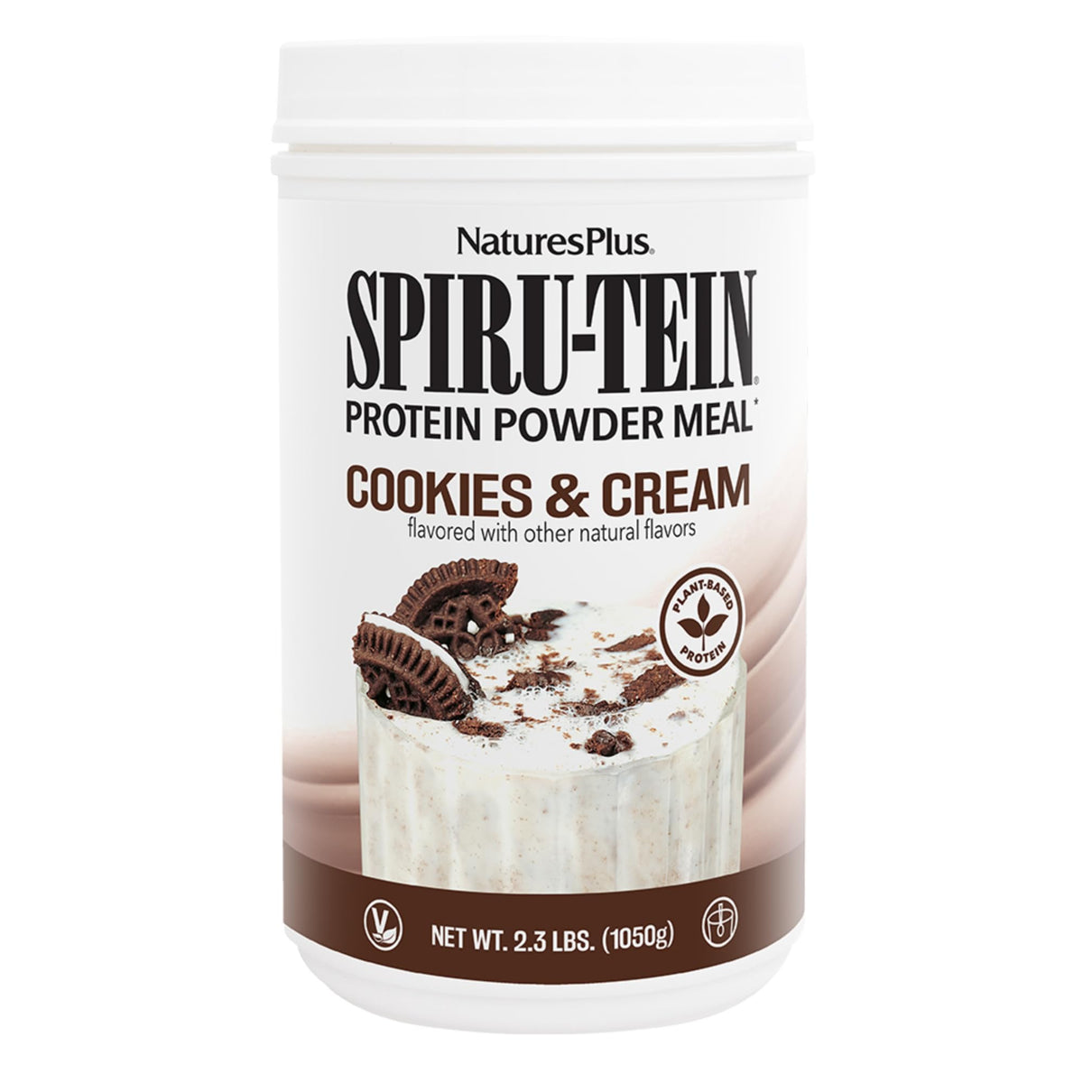 NaturesPlus SPIRU-TEIN Shake Cookies et Creme dans un shaker, goût gourmand et pratique.
