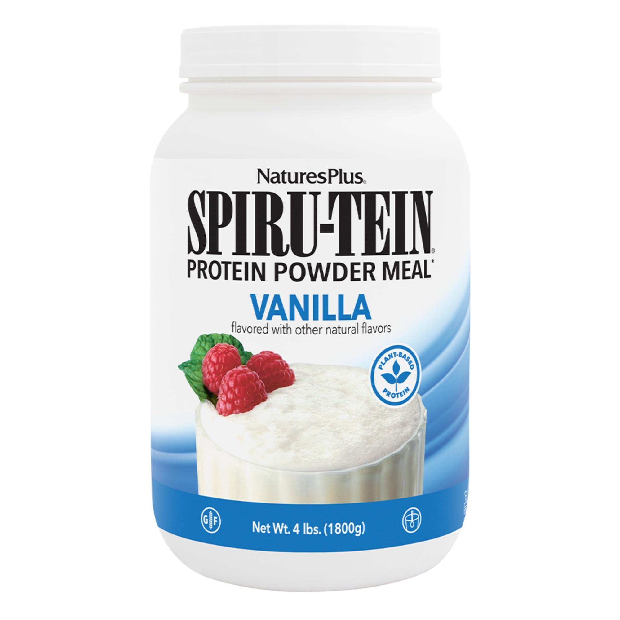 NaturesPlus SpirU-Tein Vanille, emballage clair, protéine végétale pratique.