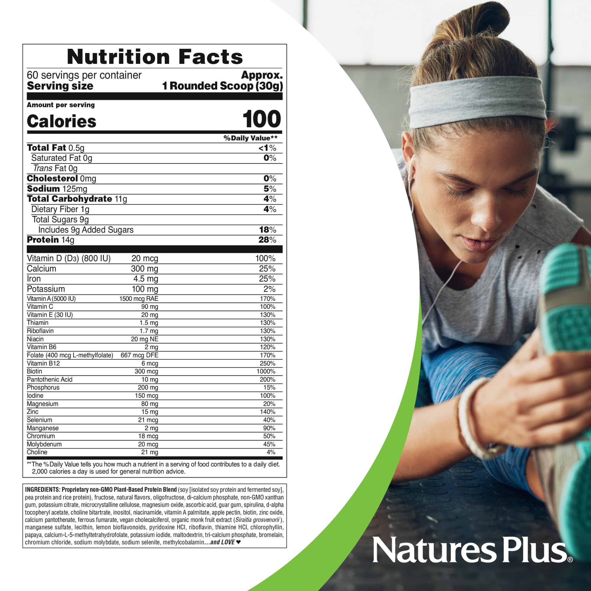 NaturesPlus SpirU-Tein Vanille, ingrédients tri-blend mis en évidence pour nutrition variée.