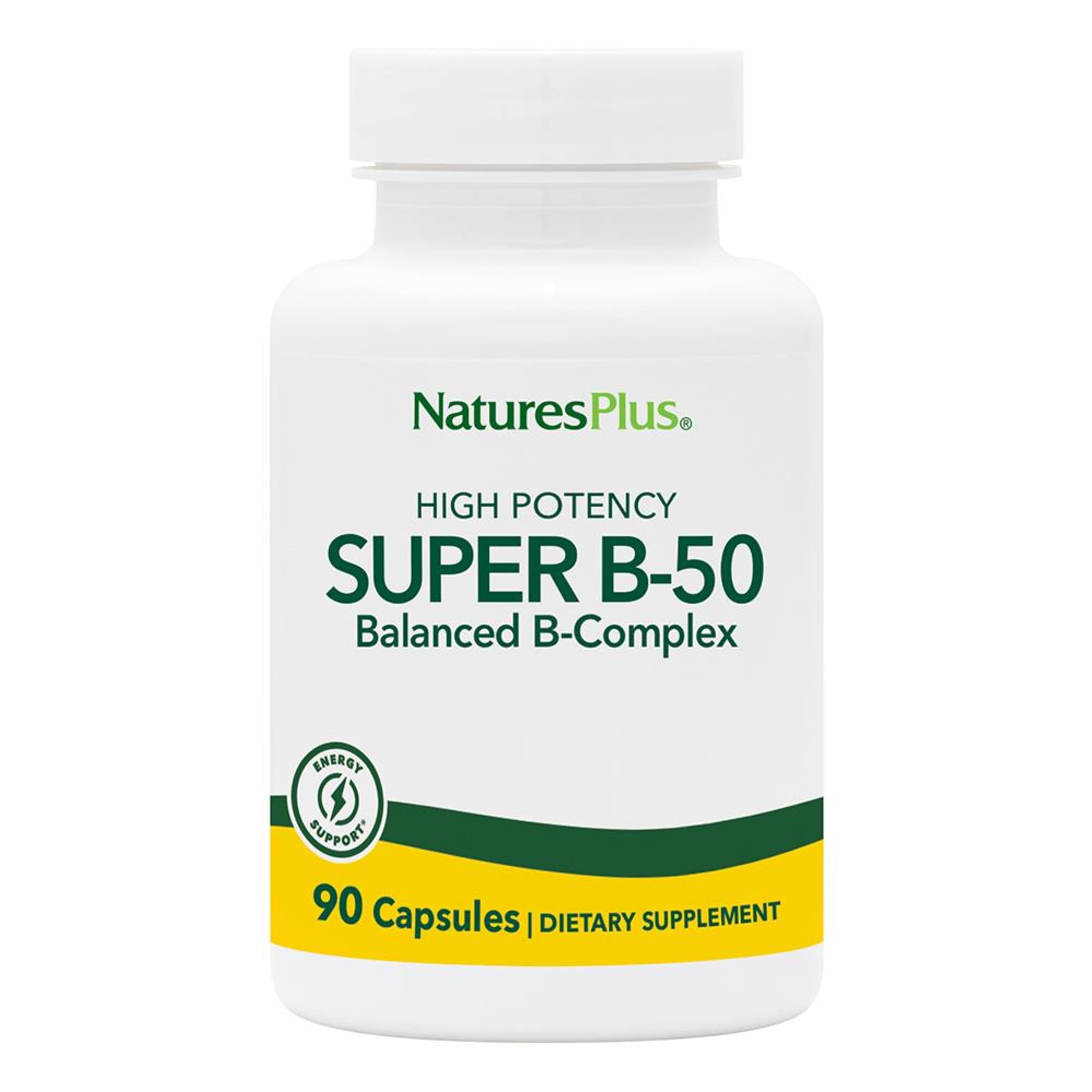 NaturesPlus Super B-50, bouteille visible, soutien énergétique potentiel au quotidien.