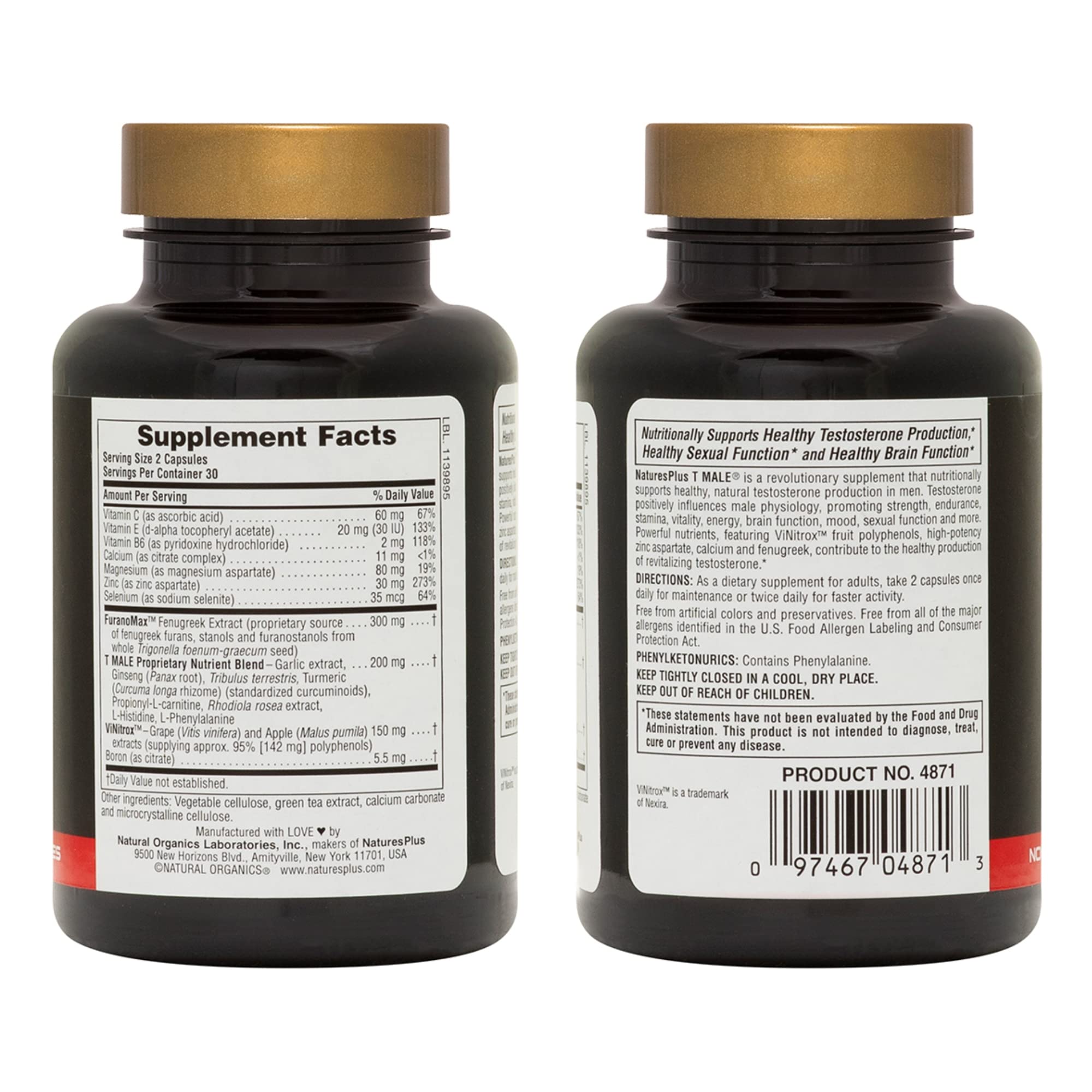 Capsules végétariennes NaturesPlus T Male, faciles à avaler pour endurance et vitalité.
