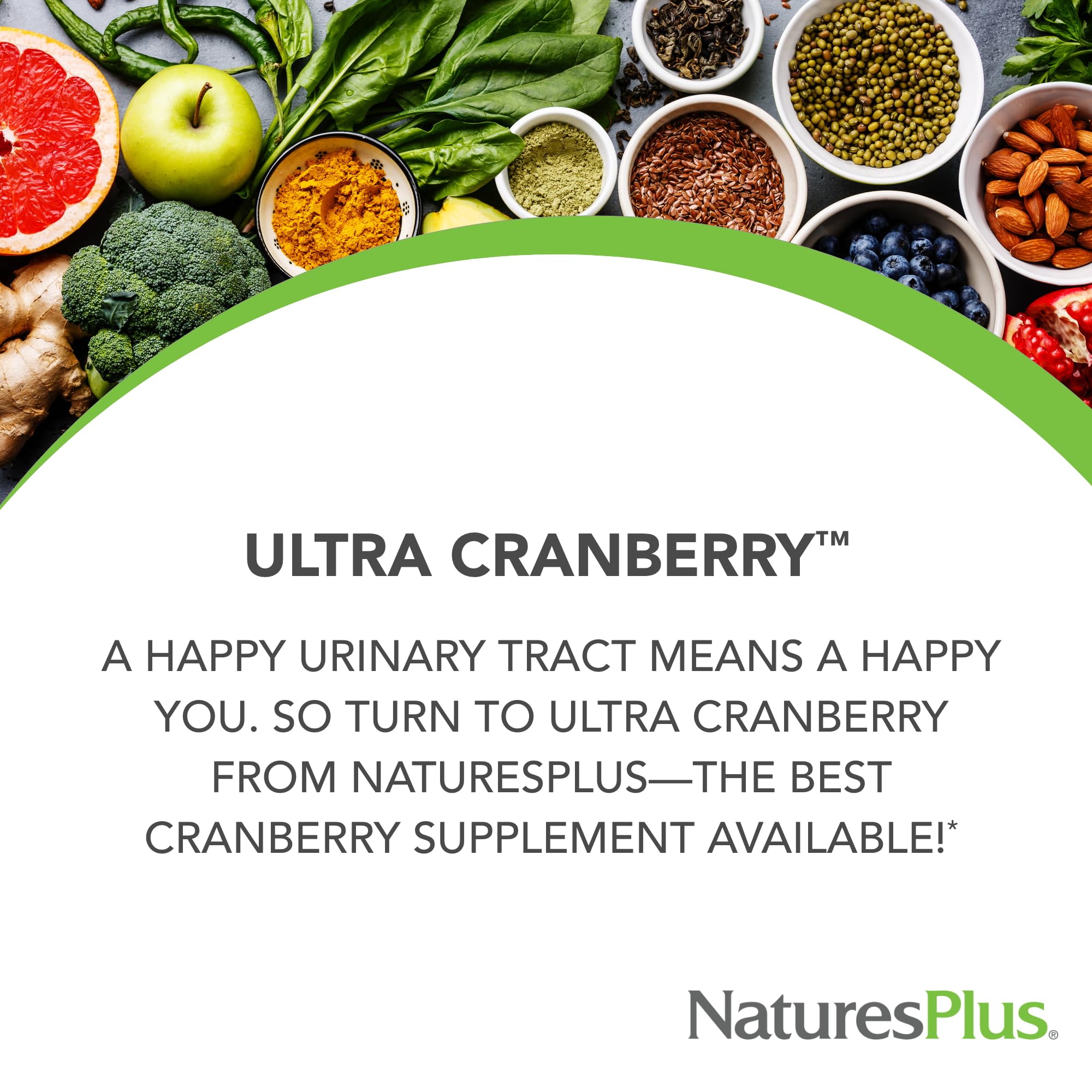 NaturesPlus Ultra Cranberry, étiquette lisible, informations sans gluten et végétarien.