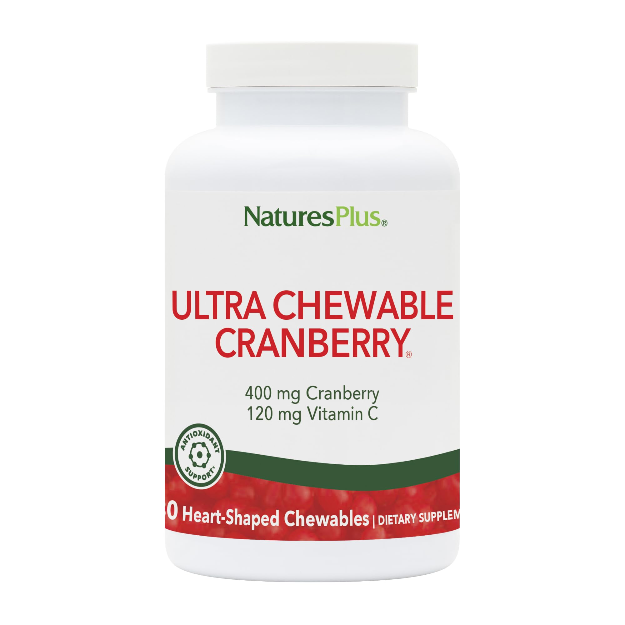 NaturesPlus Ultra Cranberry, tablettes en cœur, soutien potentiel de la santé urinaire.