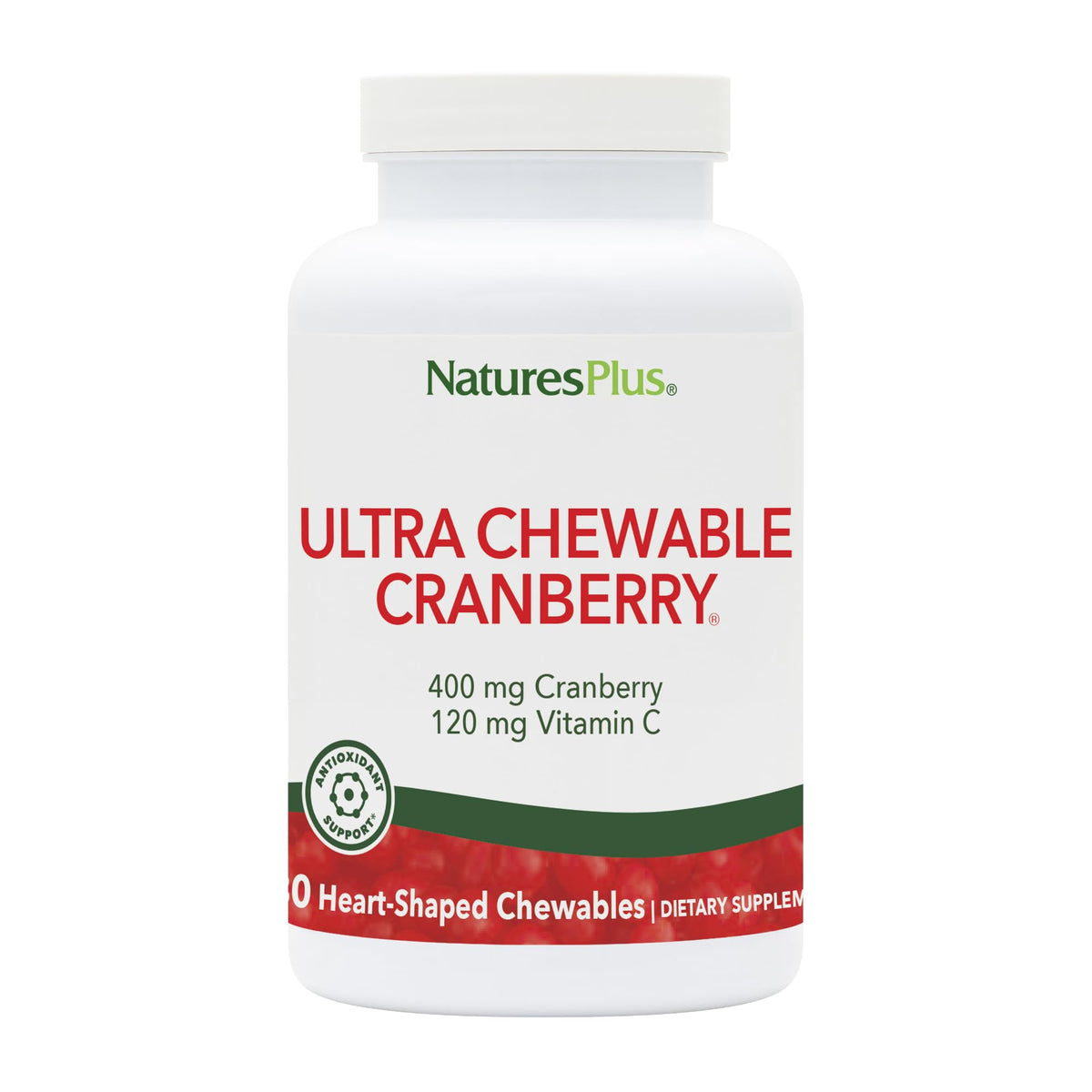 NaturesPlus Ultra Cranberry, tablettes en cœur, soutien potentiel de la santé urinaire.